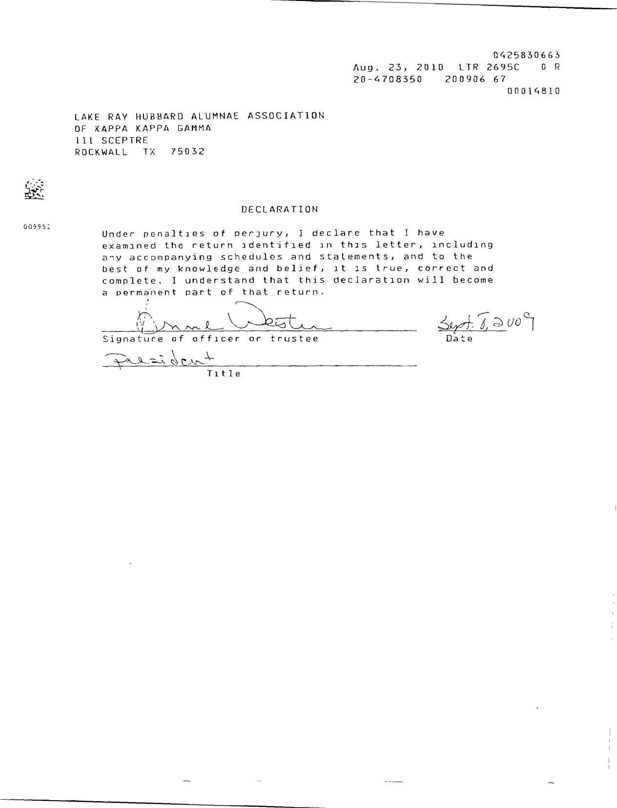 Image of first page of 2009 Form 990EOR for Kappa Kappa Gamma Fraternity / Lake Ray Hubbard Alumnae Assoc