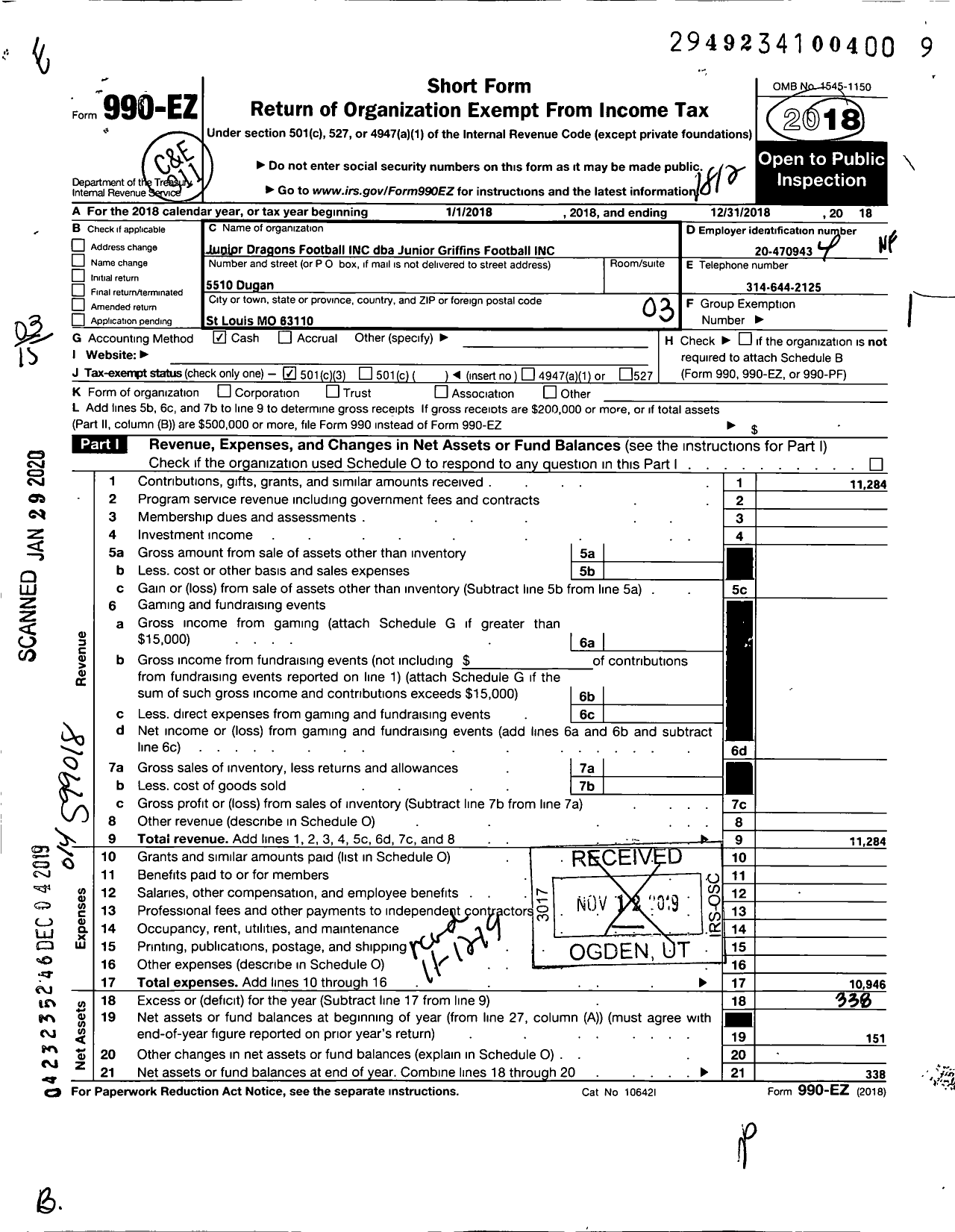 Image of first page of 2018 Form 990EZ for Junior Dragons Football