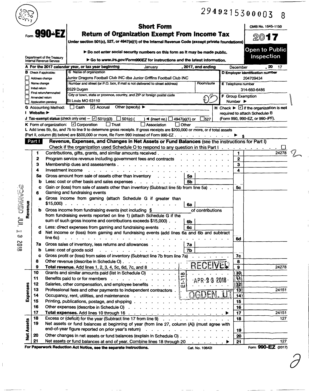 Image of first page of 2017 Form 990EZ for Junior Dragons Football