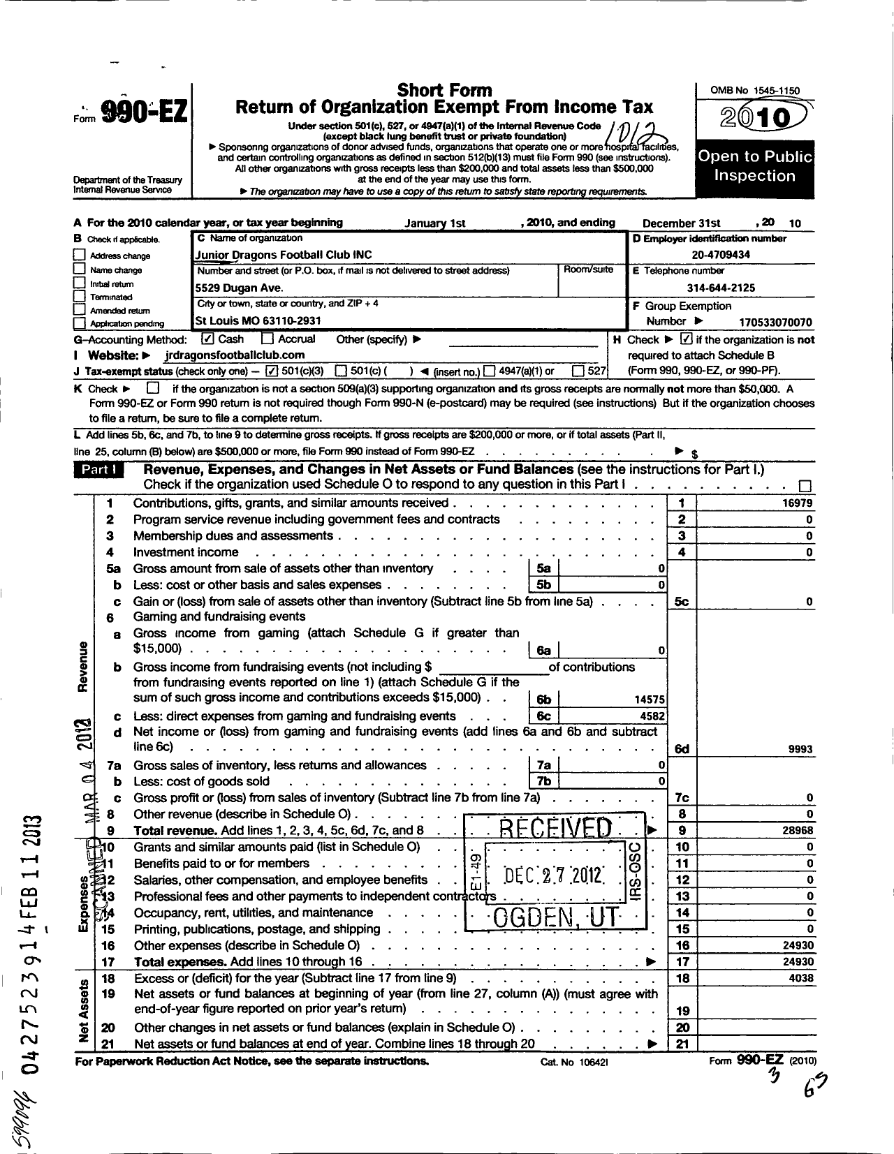 Image of first page of 2010 Form 990EZ for Junior Dragons Football