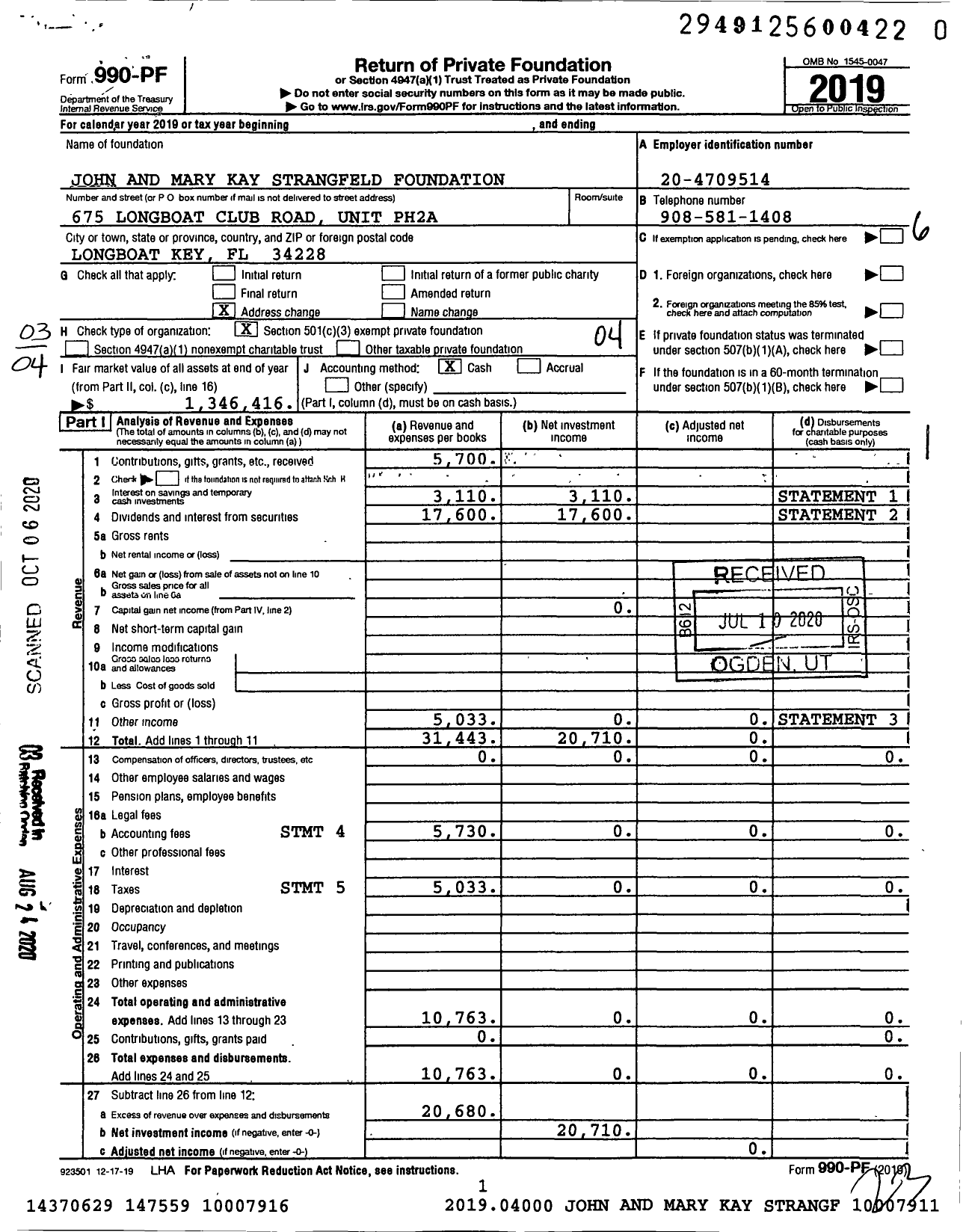 Image of first page of 2019 Form 990PR for John and Mary Kay Strangfeld Foundation