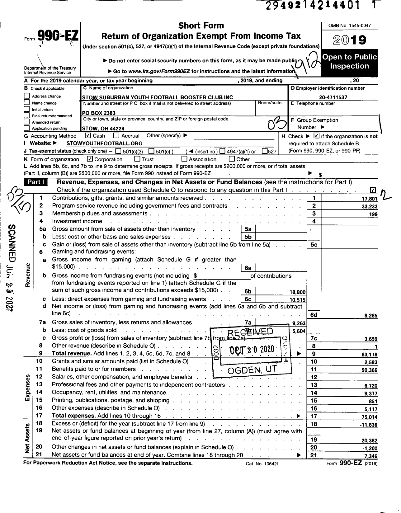 Image of first page of 2019 Form 990EZ for Stow Suburban Youth Football Booster Club