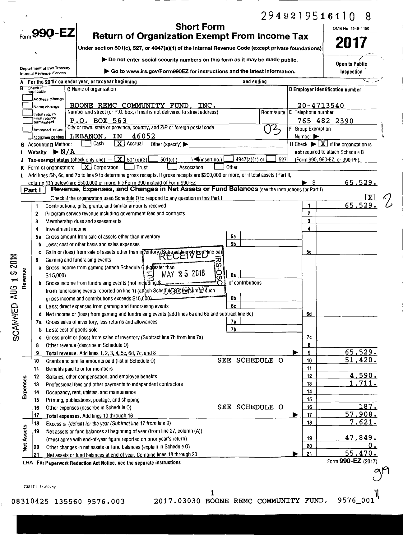 Image of first page of 2017 Form 990EZ for Boone Remc Community Fund