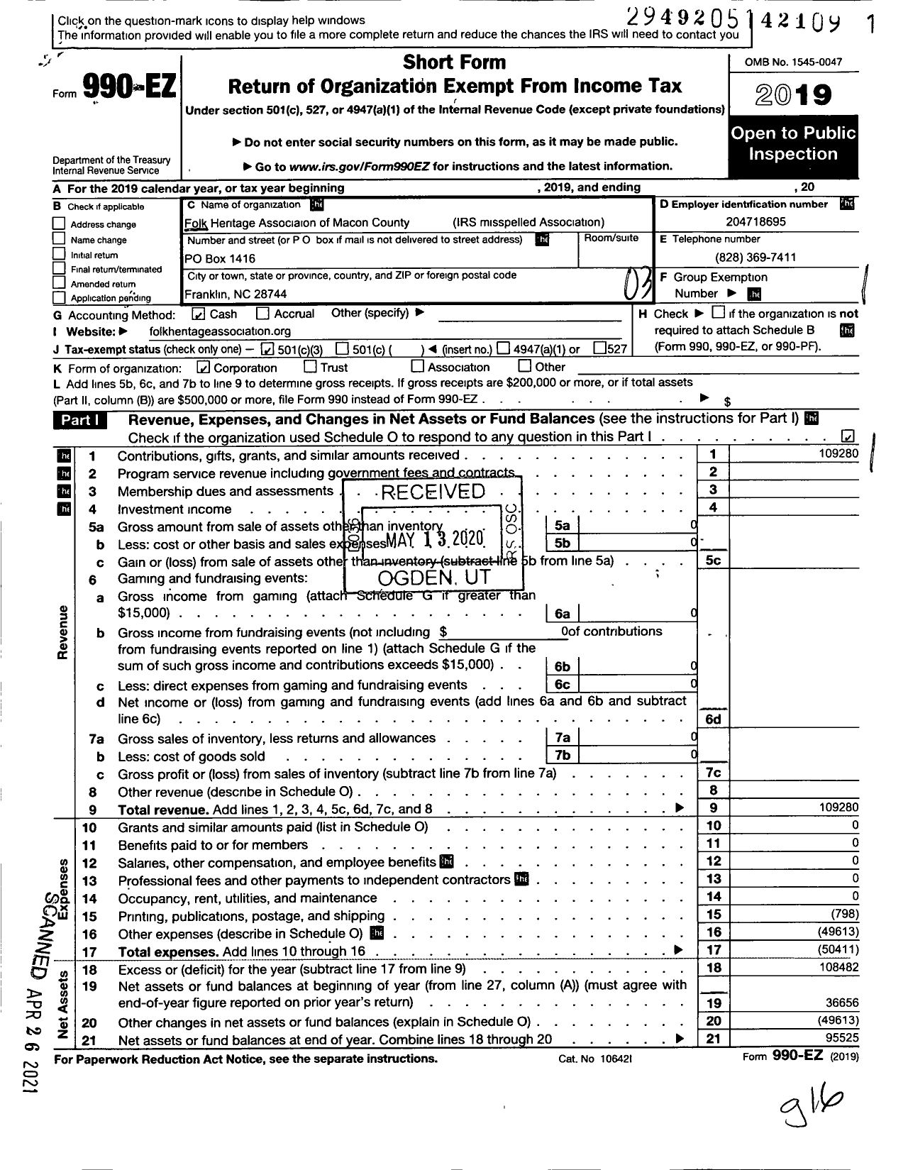 Image of first page of 2019 Form 990EZ for Folk Heritage Association of Macon County