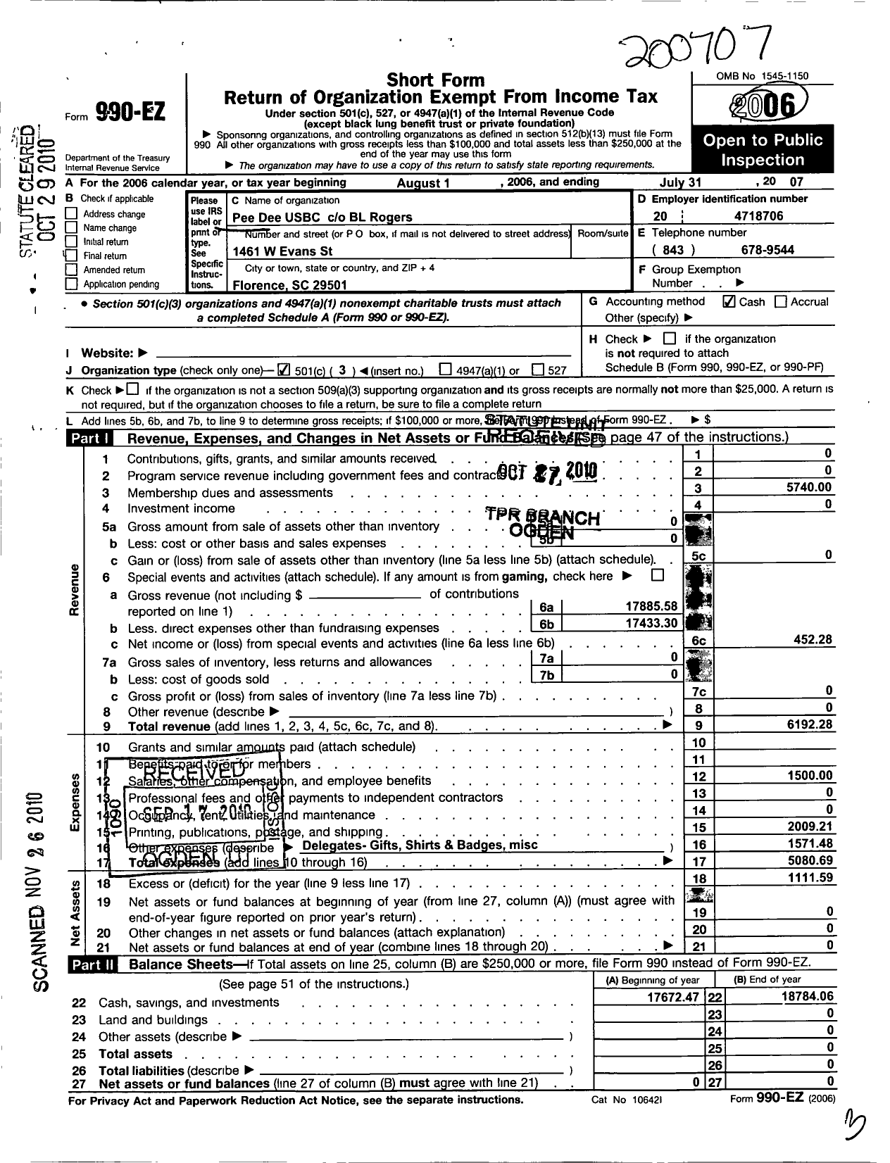Image of first page of 2006 Form 990EZ for United States Bowling Congress - 80550 Pee Dee Usbc
