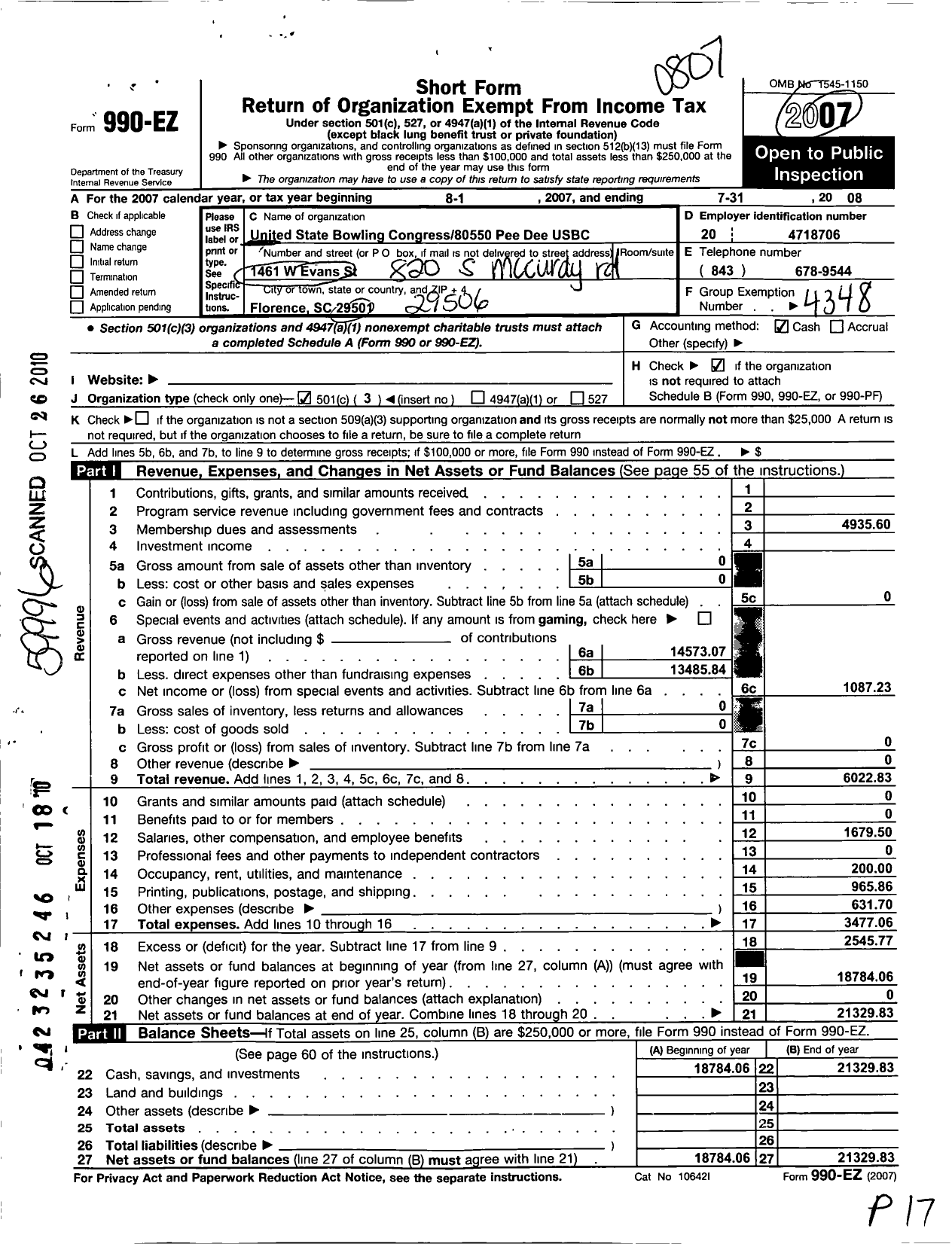 Image of first page of 2007 Form 990EZ for United States Bowling Congress - 80550 Pee Dee Usbc