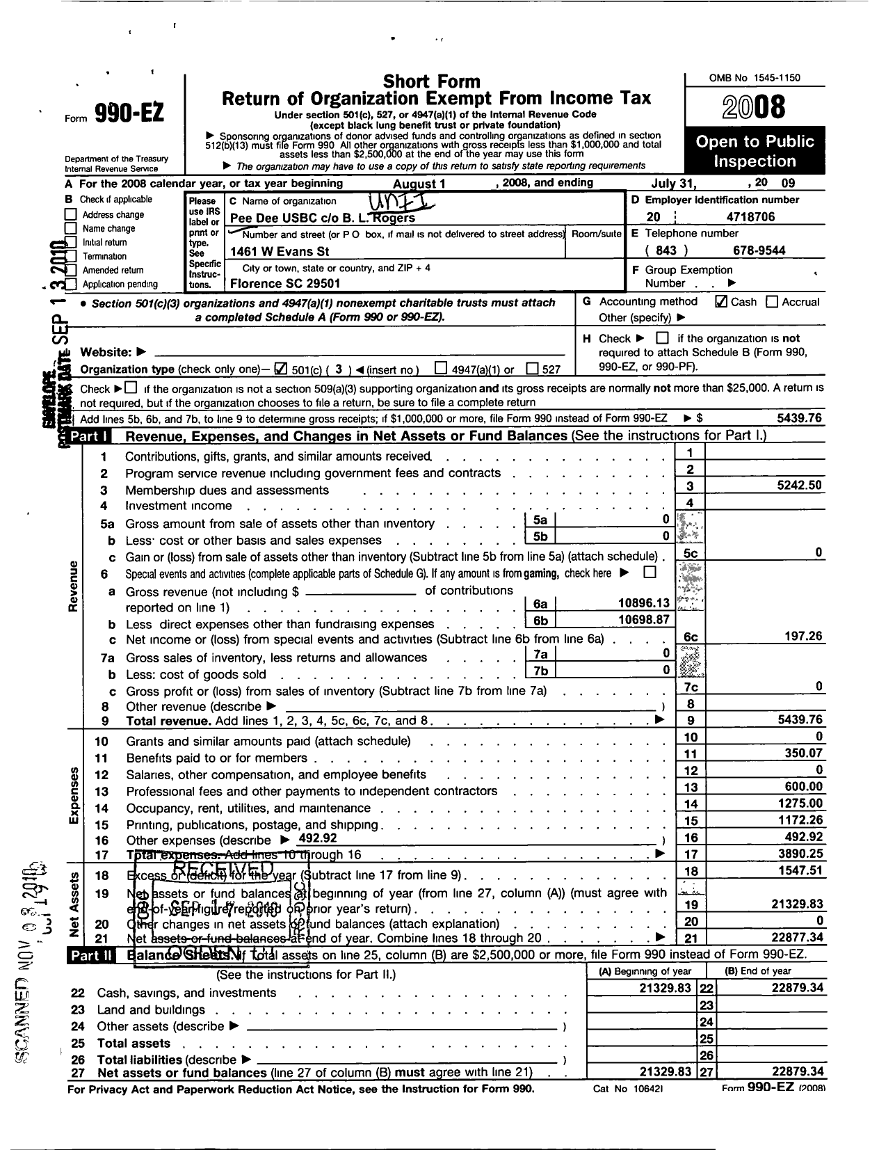 Image of first page of 2008 Form 990EZ for United States Bowling Congress - 80550 Pee Dee Usbc