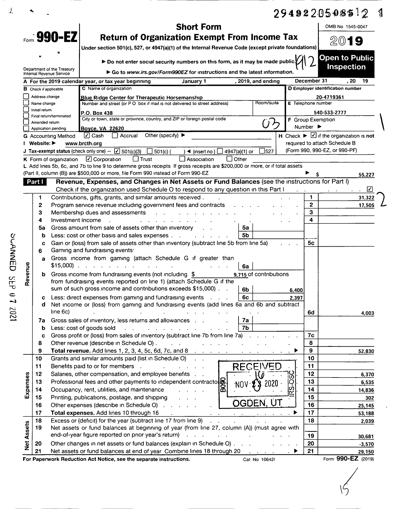 Image of first page of 2019 Form 990EZ for Blue Ridge Center for Therapeutichorsemanship