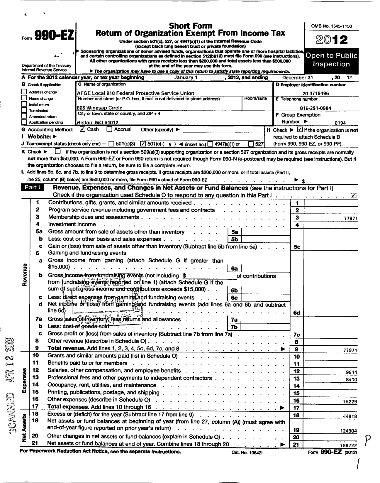 Image of first page of 2012 Form 990EO for American Federation of Government Employees - 918 Afge Local DHS-FPS