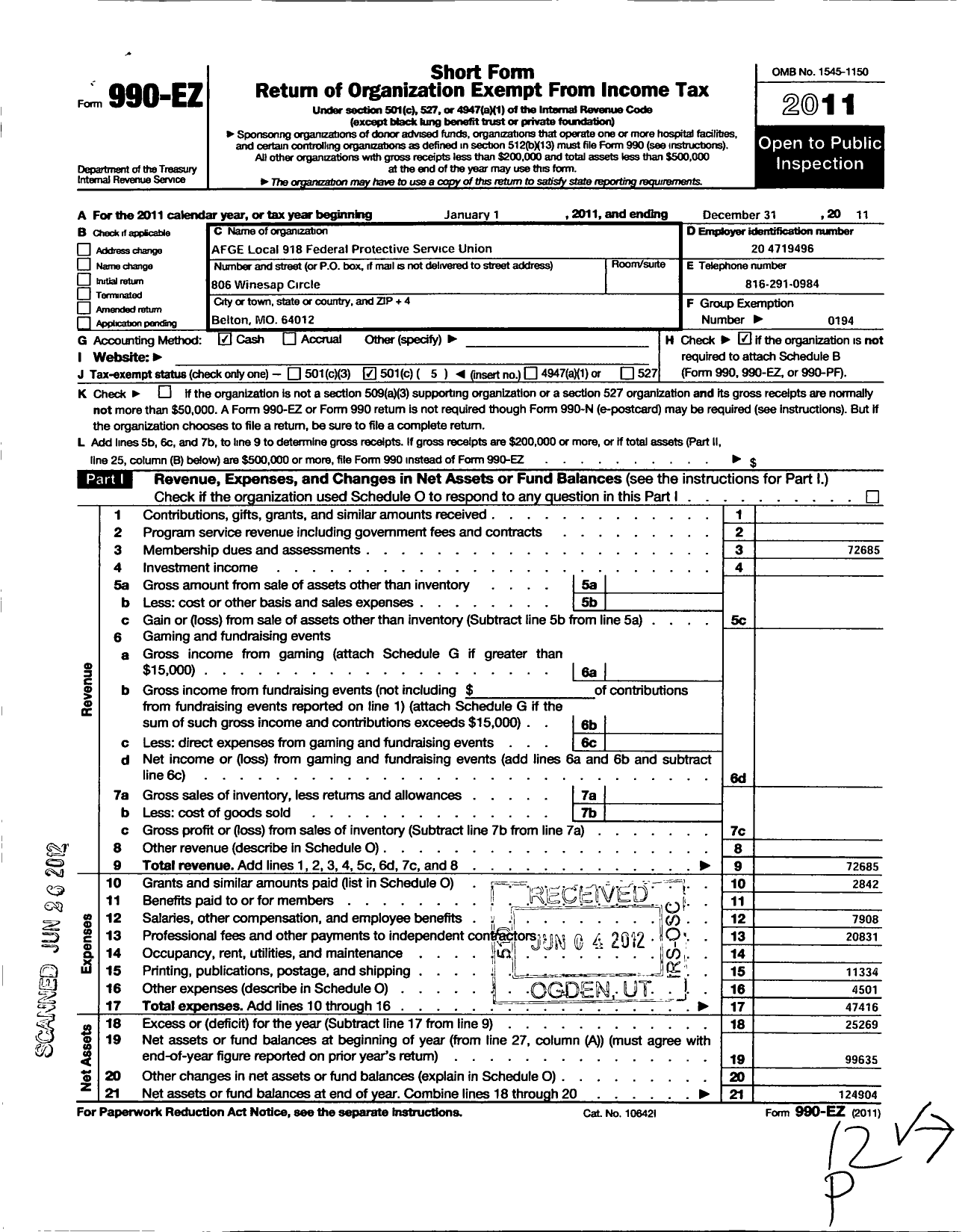 Image of first page of 2011 Form 990EO for American Federation of Government Employees - 918 Afge Local DHS-FPS