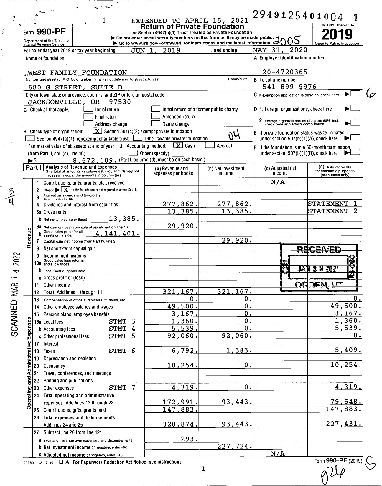 Image of first page of 2019 Form 990PF for West Family Foundation