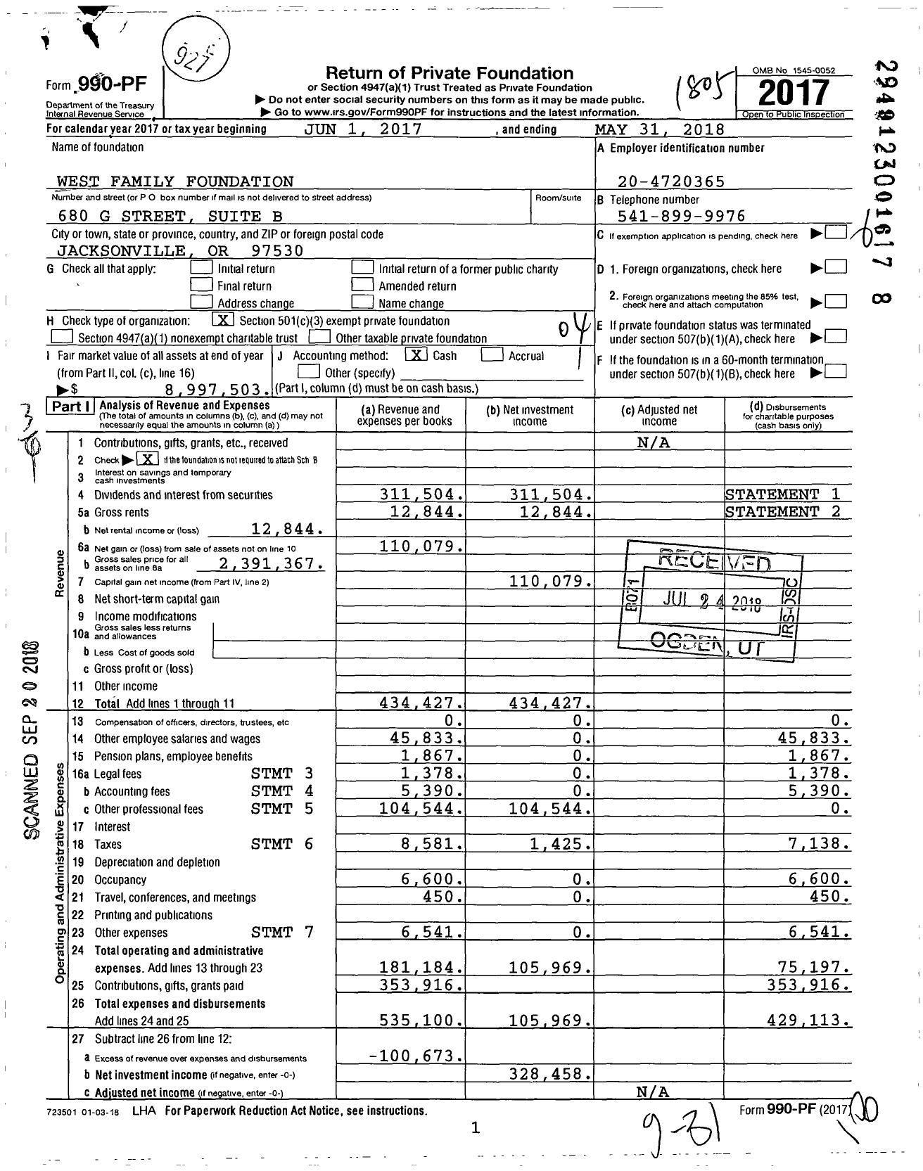 Image of first page of 2017 Form 990PF for West Family Foundation