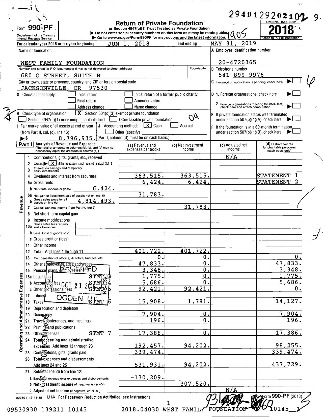 Image of first page of 2018 Form 990PF for West Family Foundation