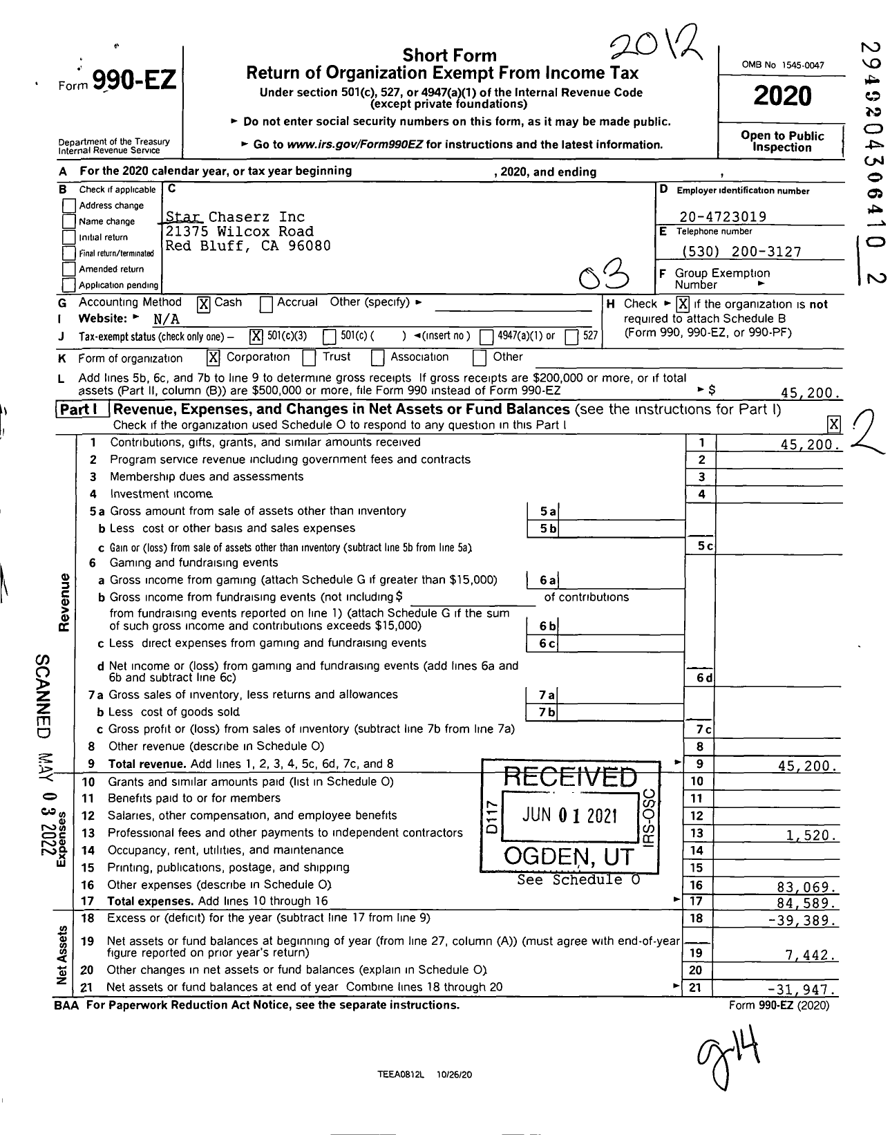 Image of first page of 2020 Form 990EZ for Star Chaserz