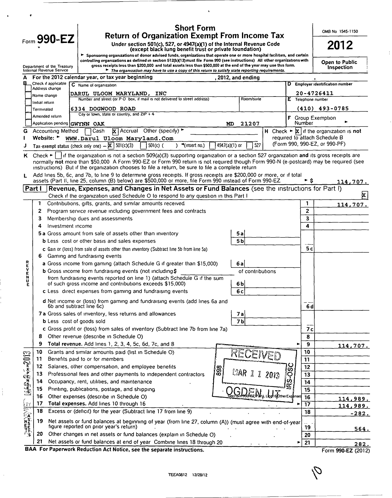 Image of first page of 2012 Form 990EZ for Darul Uloom Maryland