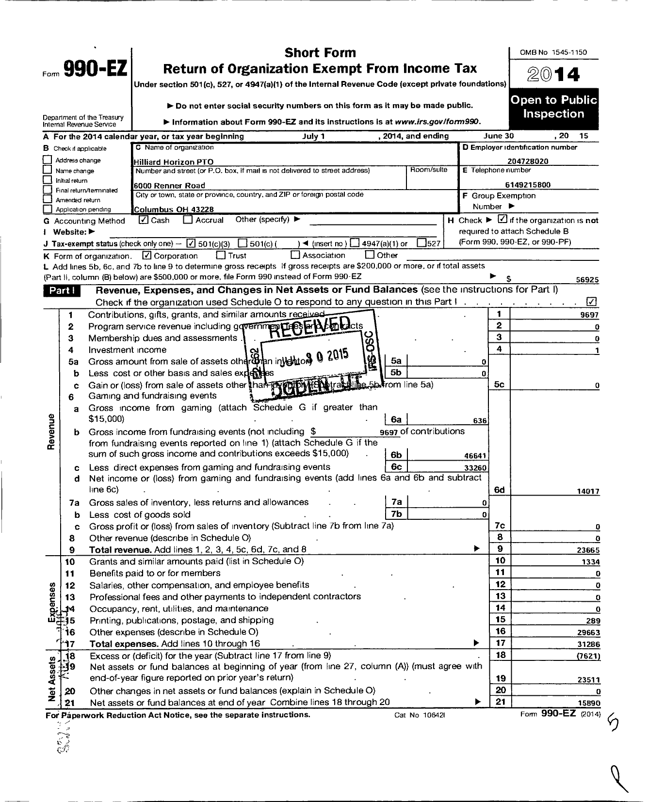 Image of first page of 2014 Form 990EZ for Hilliard Horizon Pto