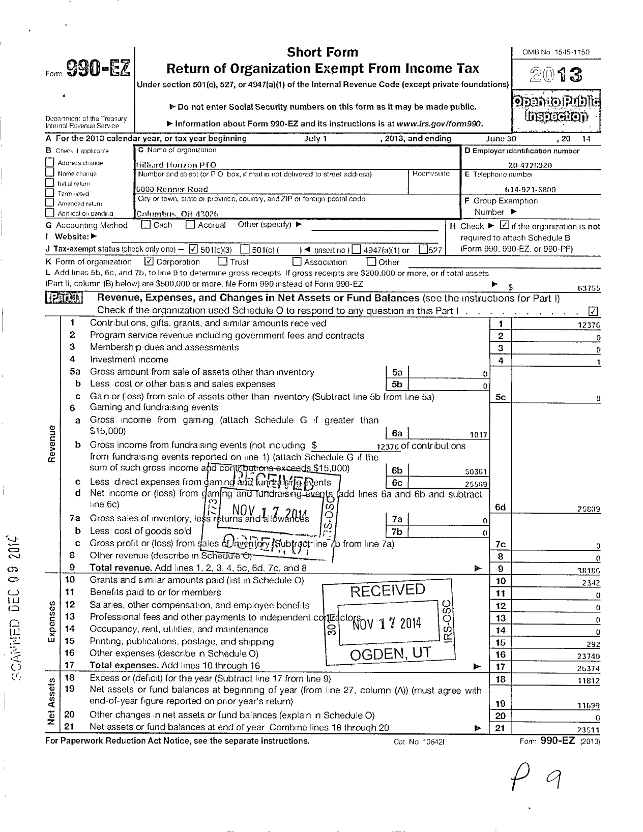 Image of first page of 2013 Form 990EZ for Hilliard Horizon Pto