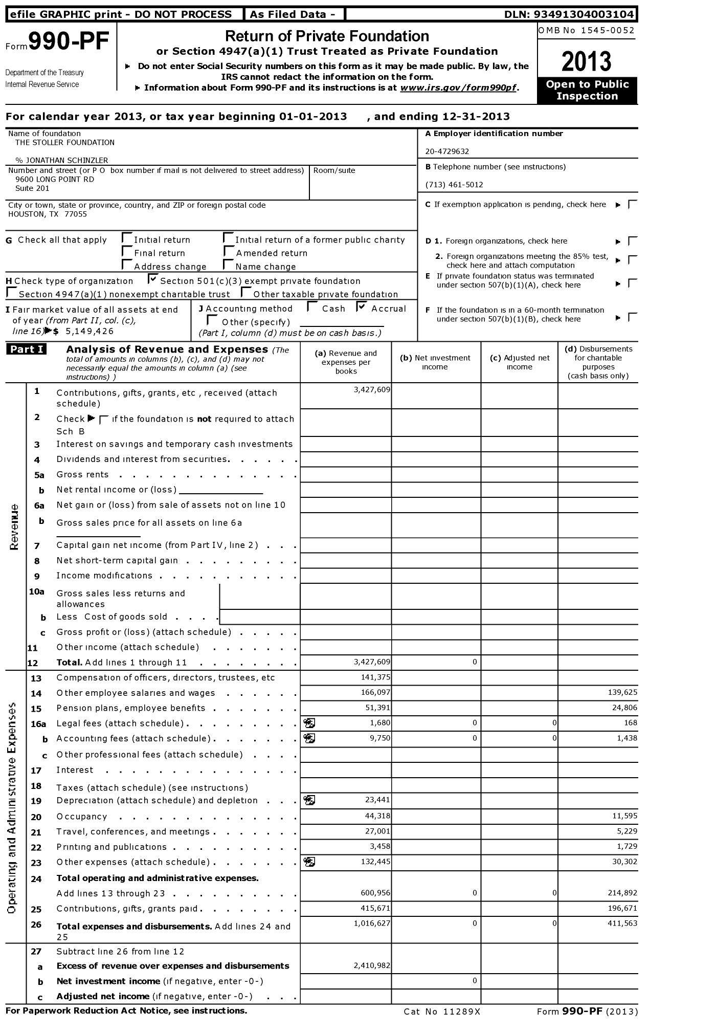 Image of first page of 2013 Form 990PF for The Stoller Foundation