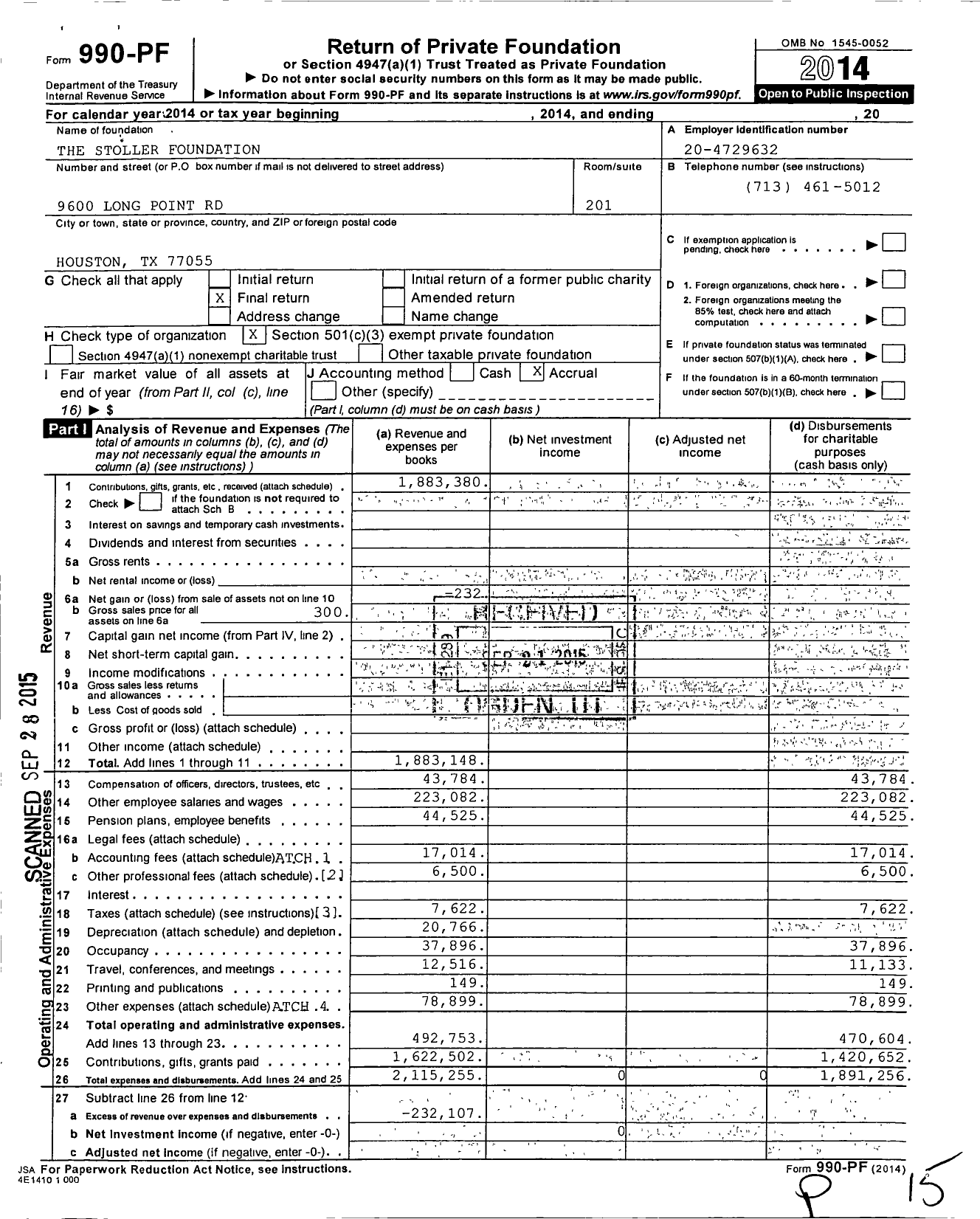 Image of first page of 2014 Form 990PF for The Stoller Foundation