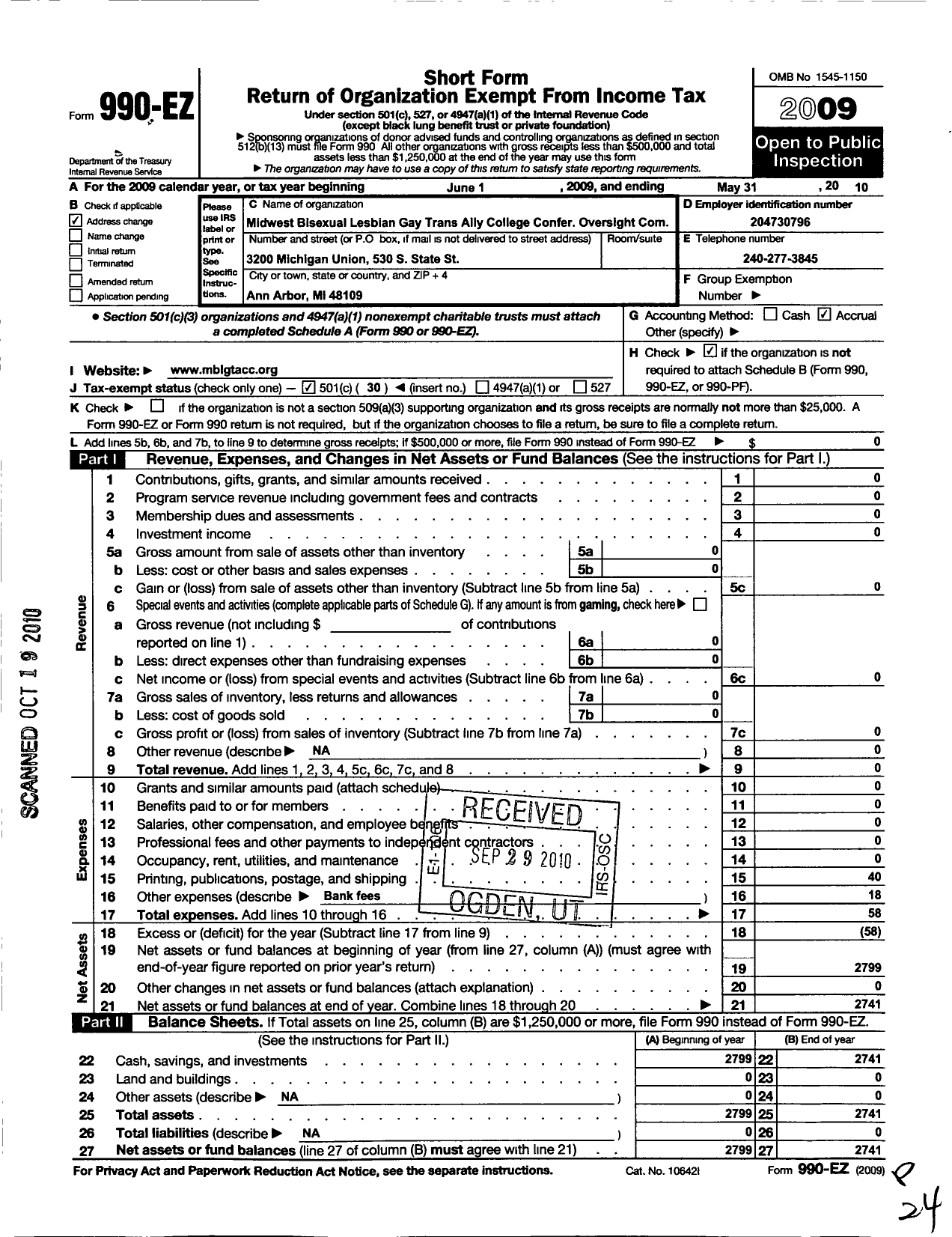 Image of first page of 2009 Form 990EO for Midwest Bisexual Lesbian Gay Transgender Ally College Conference