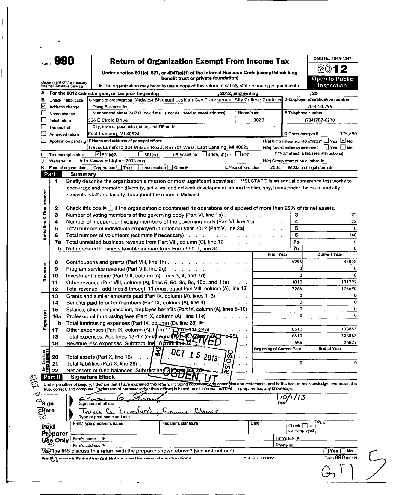 Image of first page of 2012 Form 990 for Midwest Bisexual Lesbian Gay Transgender Ally College Conference