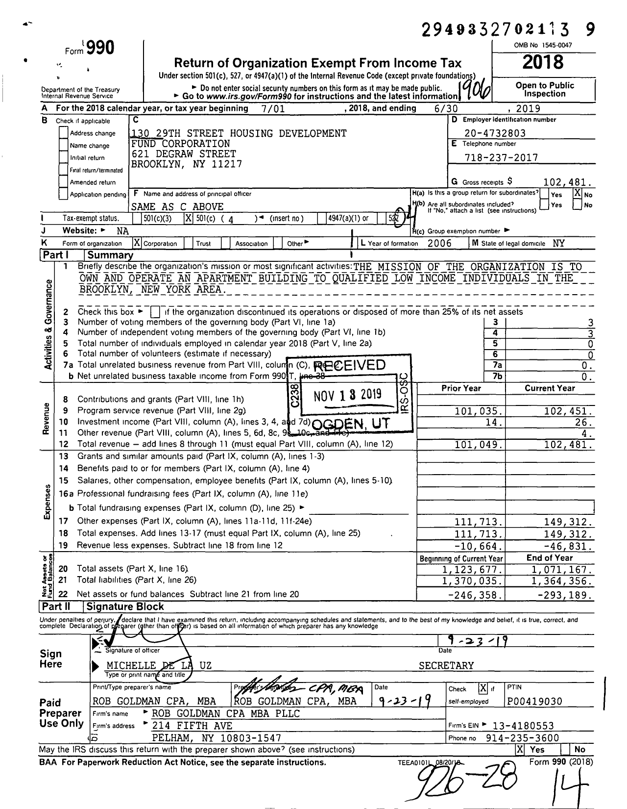 Image of first page of 2018 Form 990O for 130 29th STREET HOUSING DEVELOPMENT FUND CORPORATION