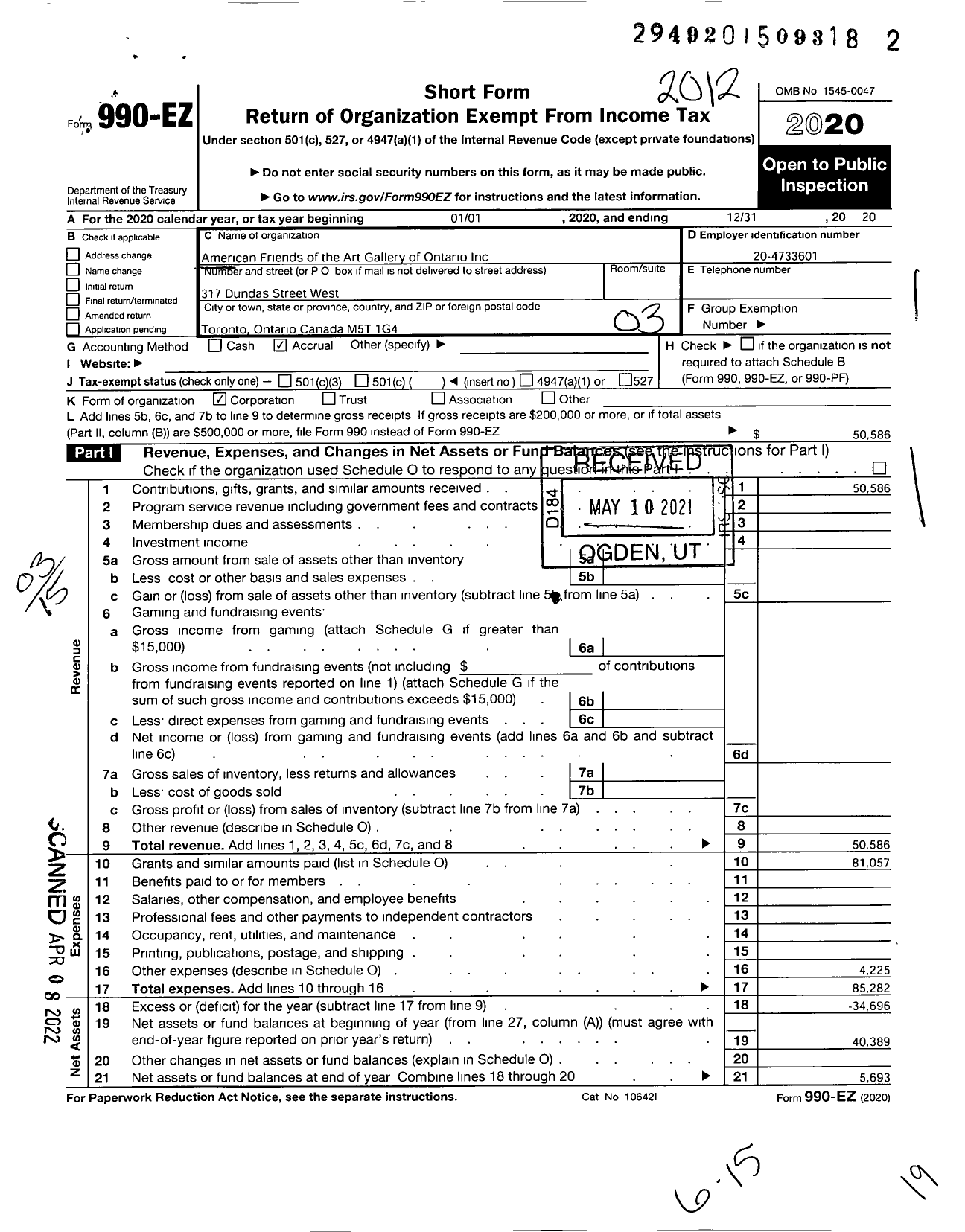 Image of first page of 2020 Form 990EZ for American Friends of the Art Gallery of Ontario