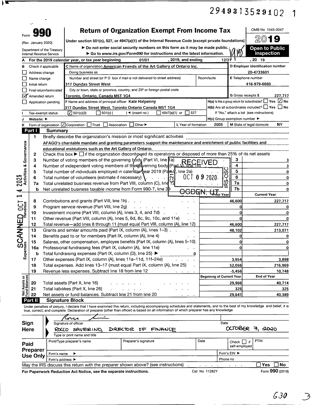 Image of first page of 2019 Form 990 for American Friends of the Art Gallery of Ontario