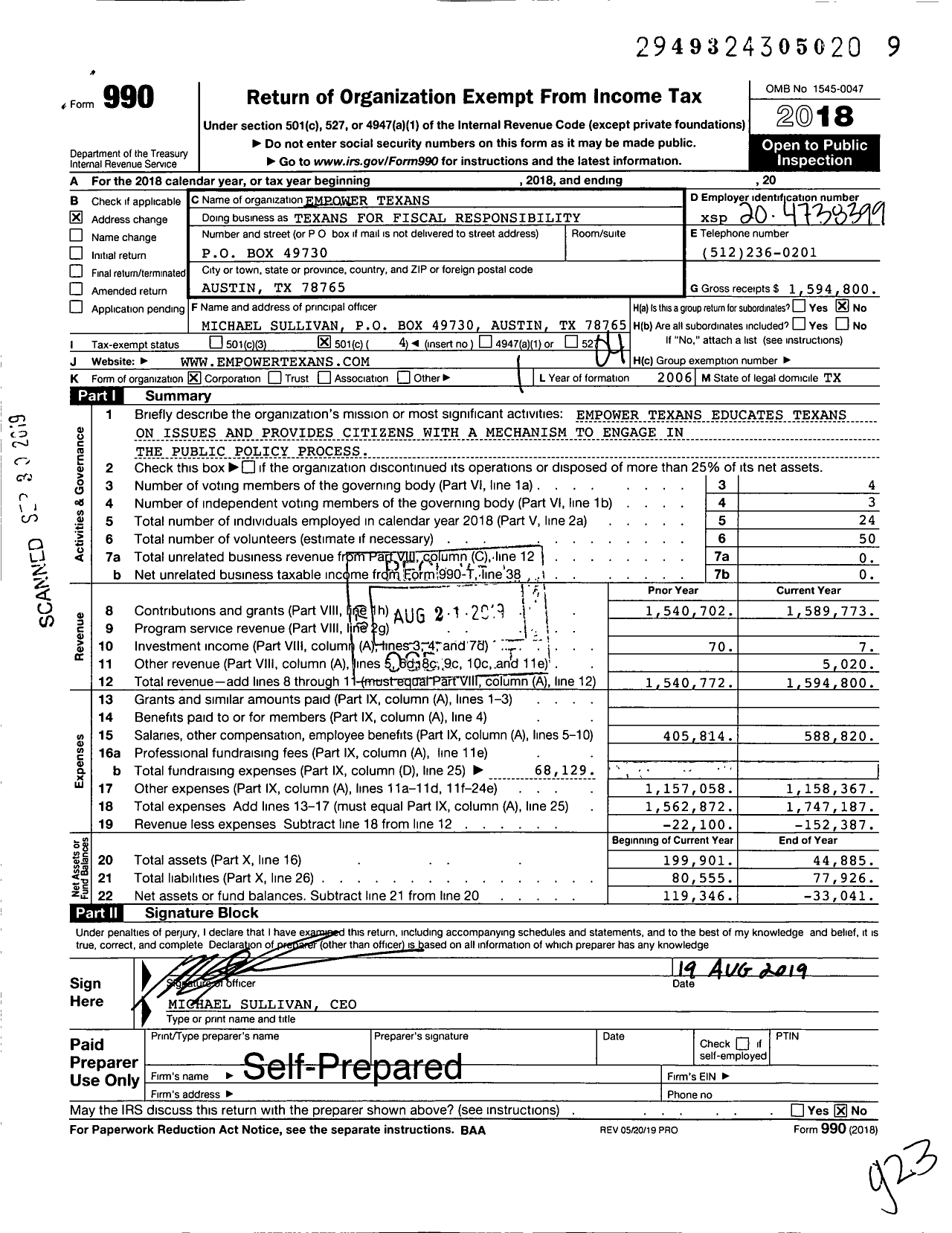 Image of first page of 2018 Form 990O for Texans for Fiscal Responsibility