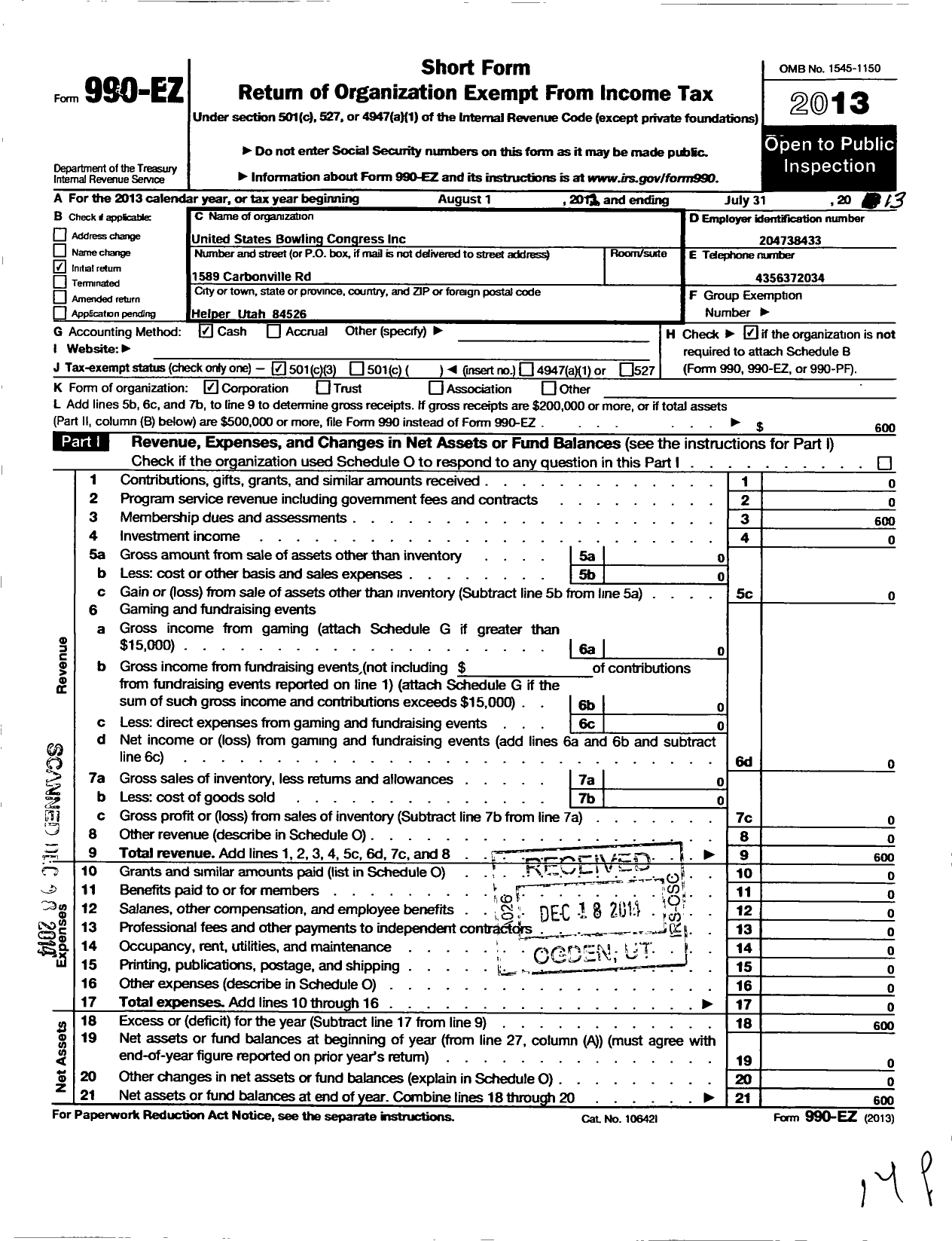 Image of first page of 2012 Form 990EZ for United States Bowling Congress - 80357 Castle Country Ut Usbc Ba