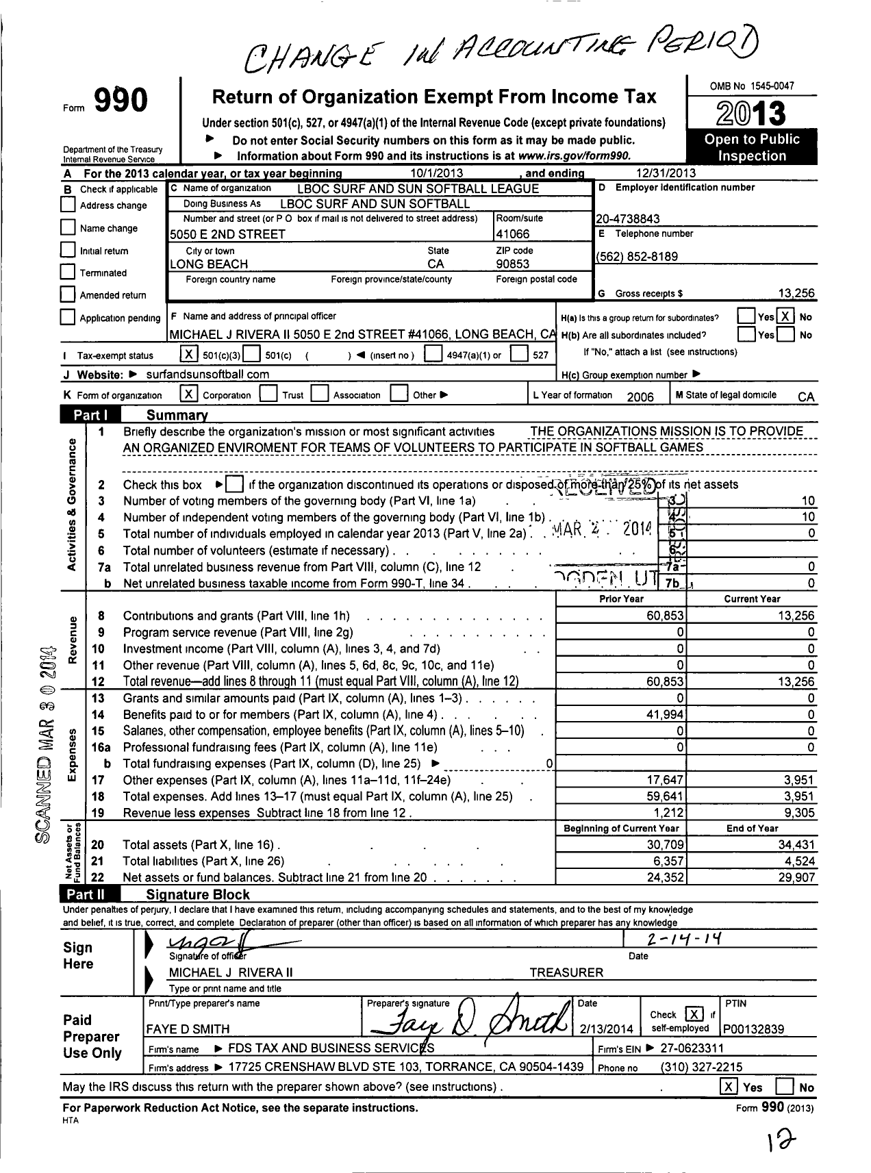 Image of first page of 2013 Form 990 for Long Beach Orange County Softball League