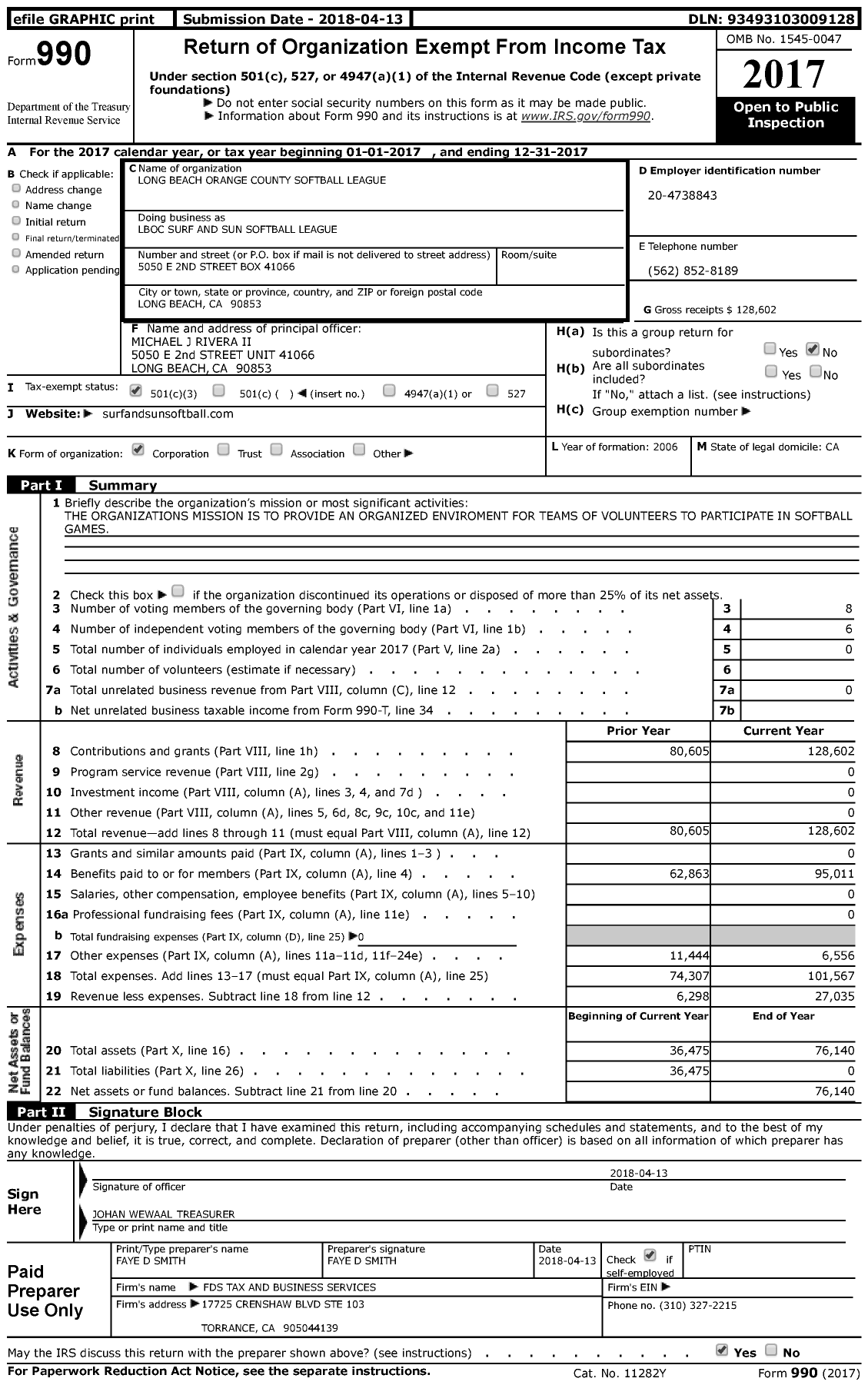 Image of first page of 2017 Form 990 for Long Beach Orange County Softball League