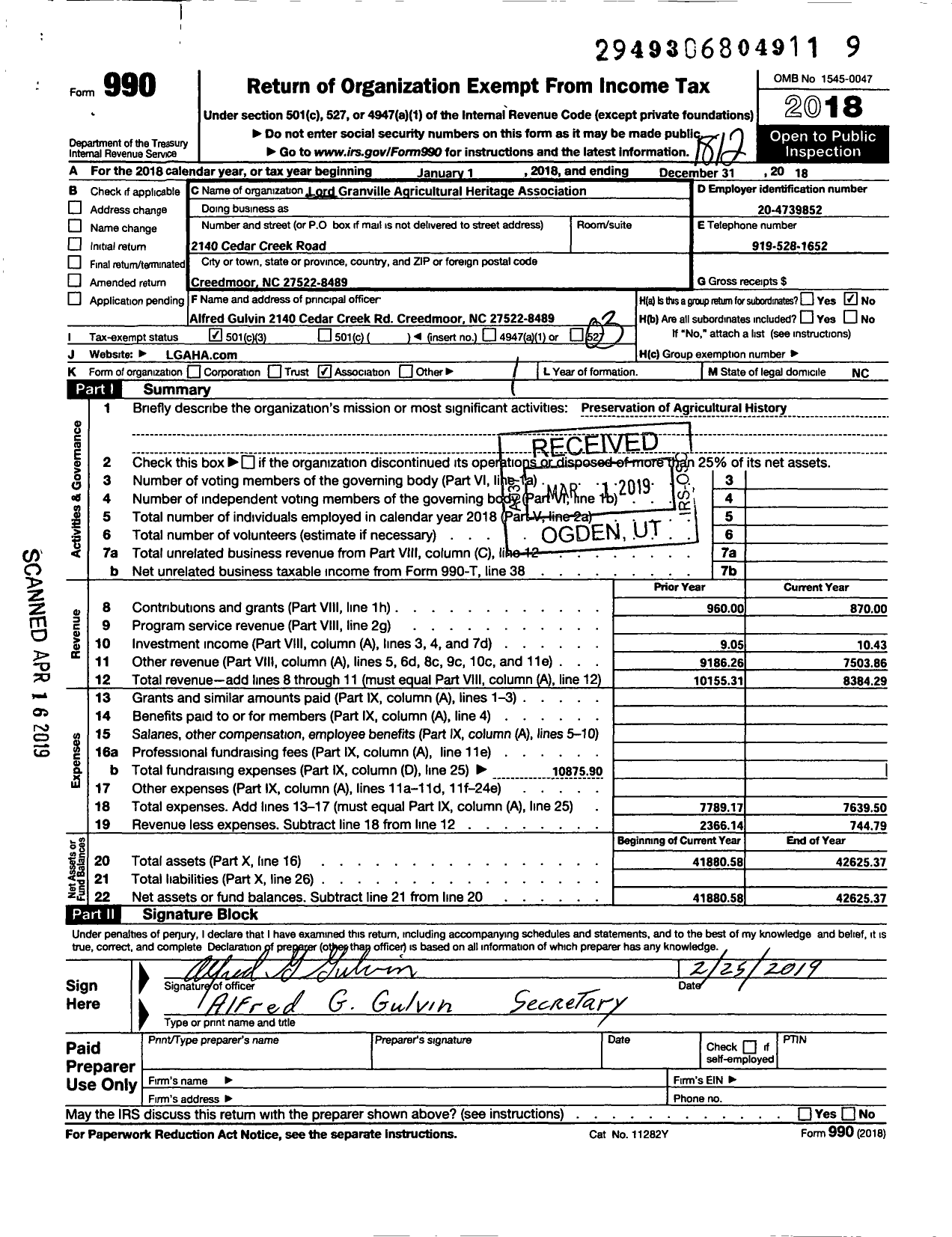 Image of first page of 2018 Form 990 for Lord Granville Agricultural Heritage Association