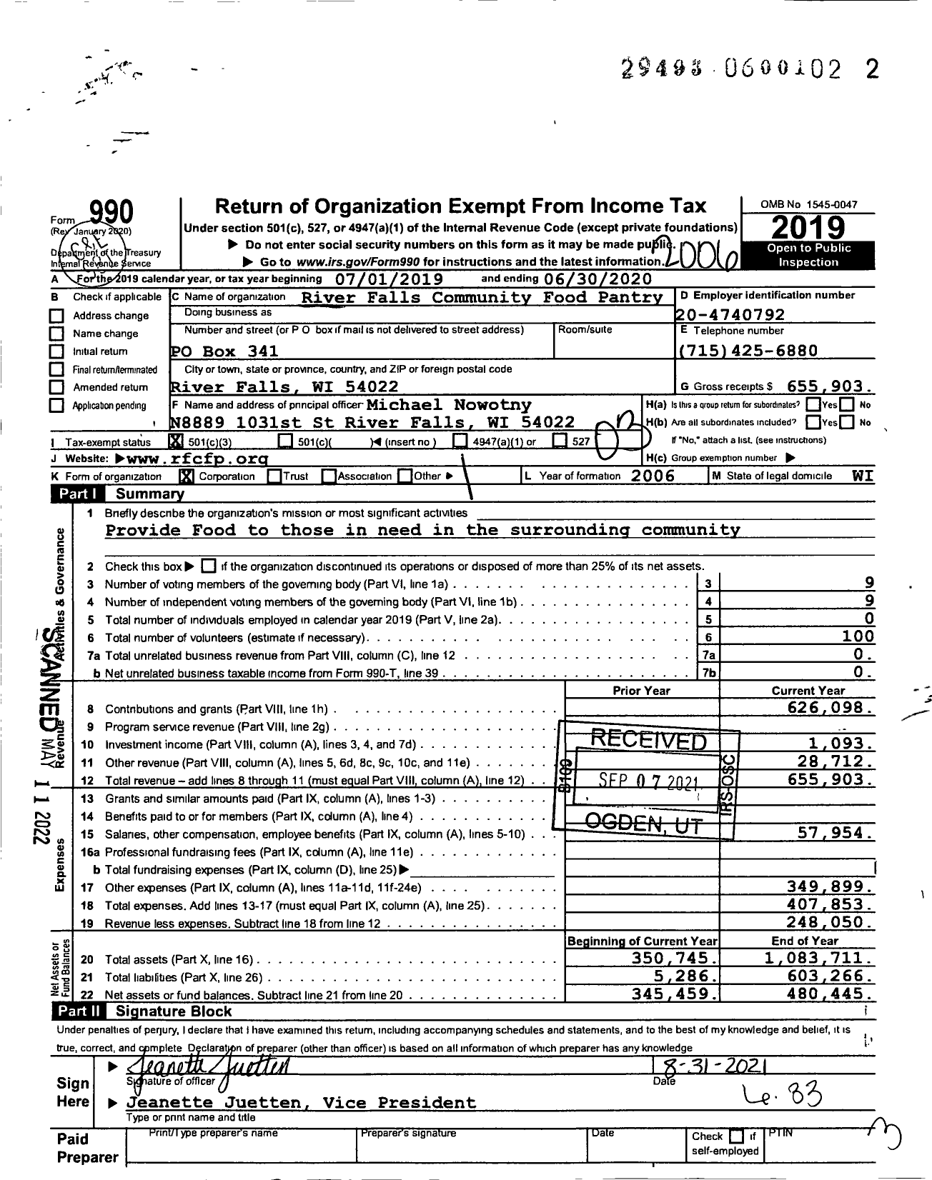 Image of first page of 2019 Form 990 for River Falls Community Food Pantry