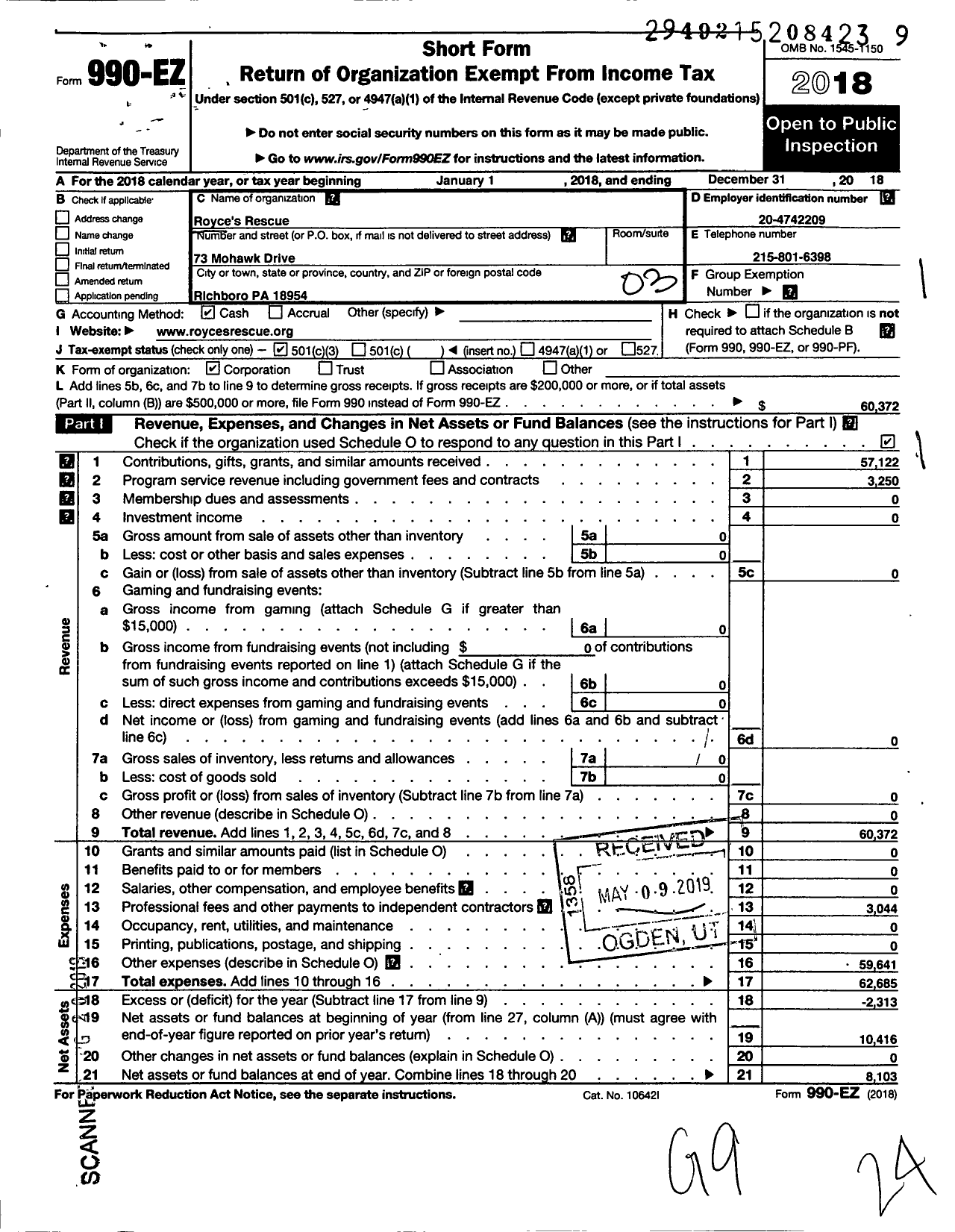 Image of first page of 2018 Form 990EZ for Royce's Rescue