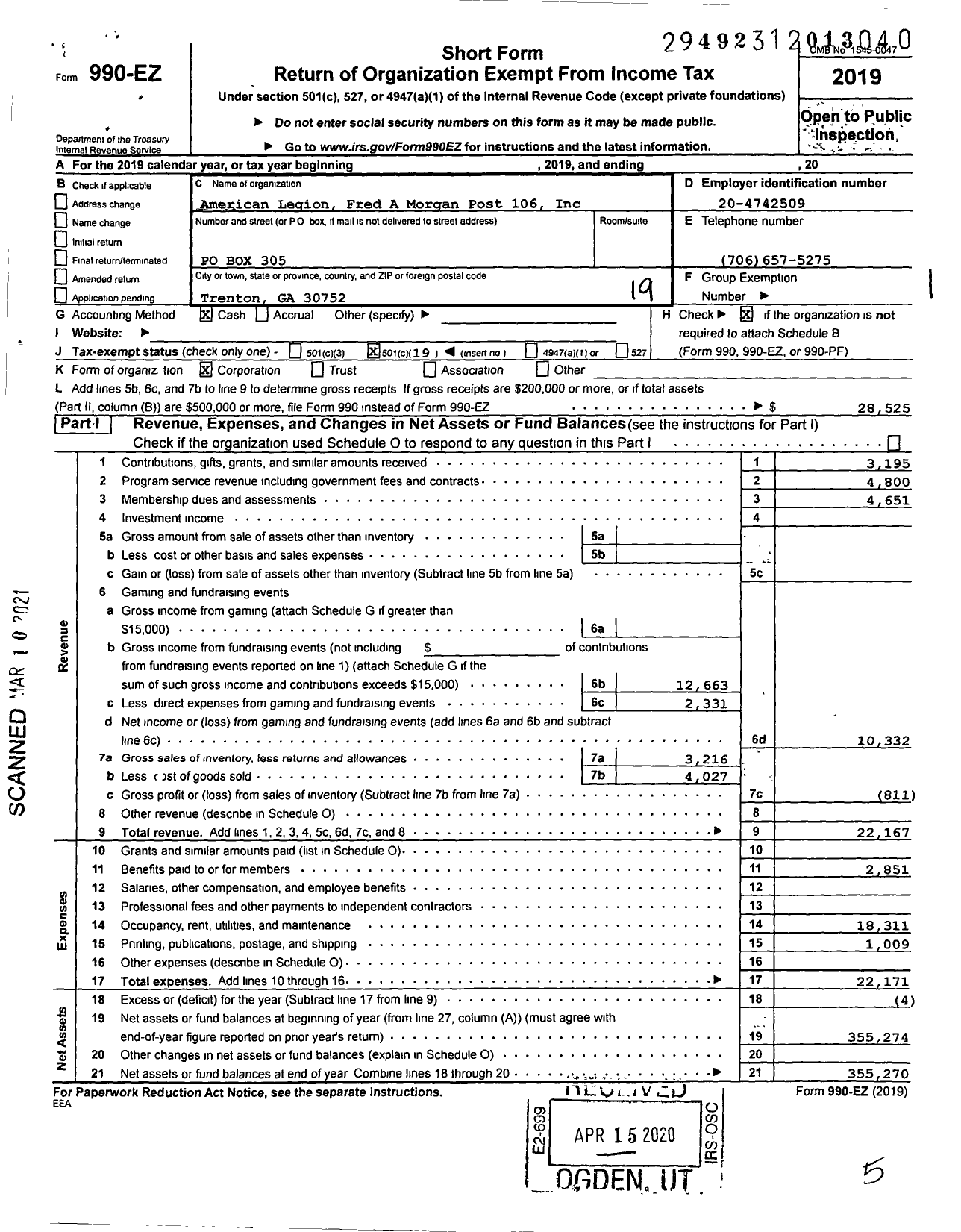 Image of first page of 2019 Form 990EO for American Legion - American Legion Fred A Morgan Post 106