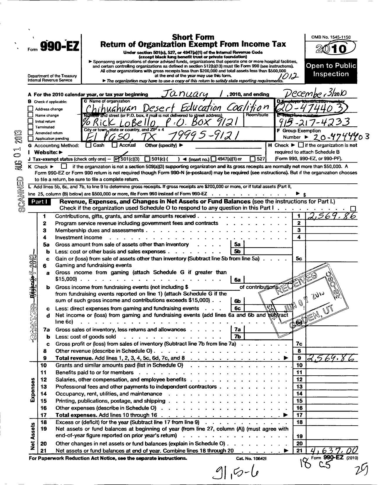 Image of first page of 2010 Form 990EZ for Chihuahuan Desert Education Coalition