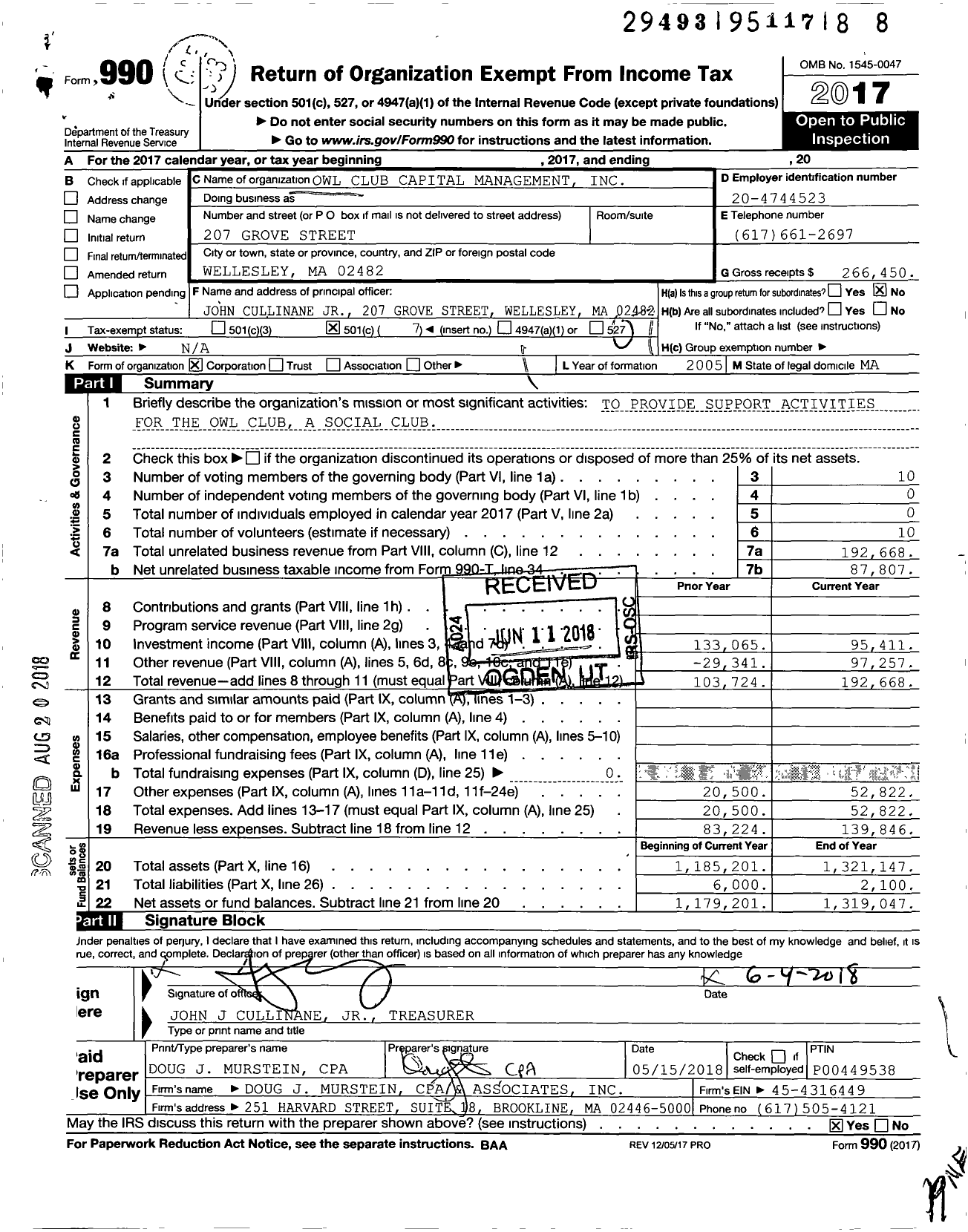 Image of first page of 2017 Form 990O for Owl Club Capital Management