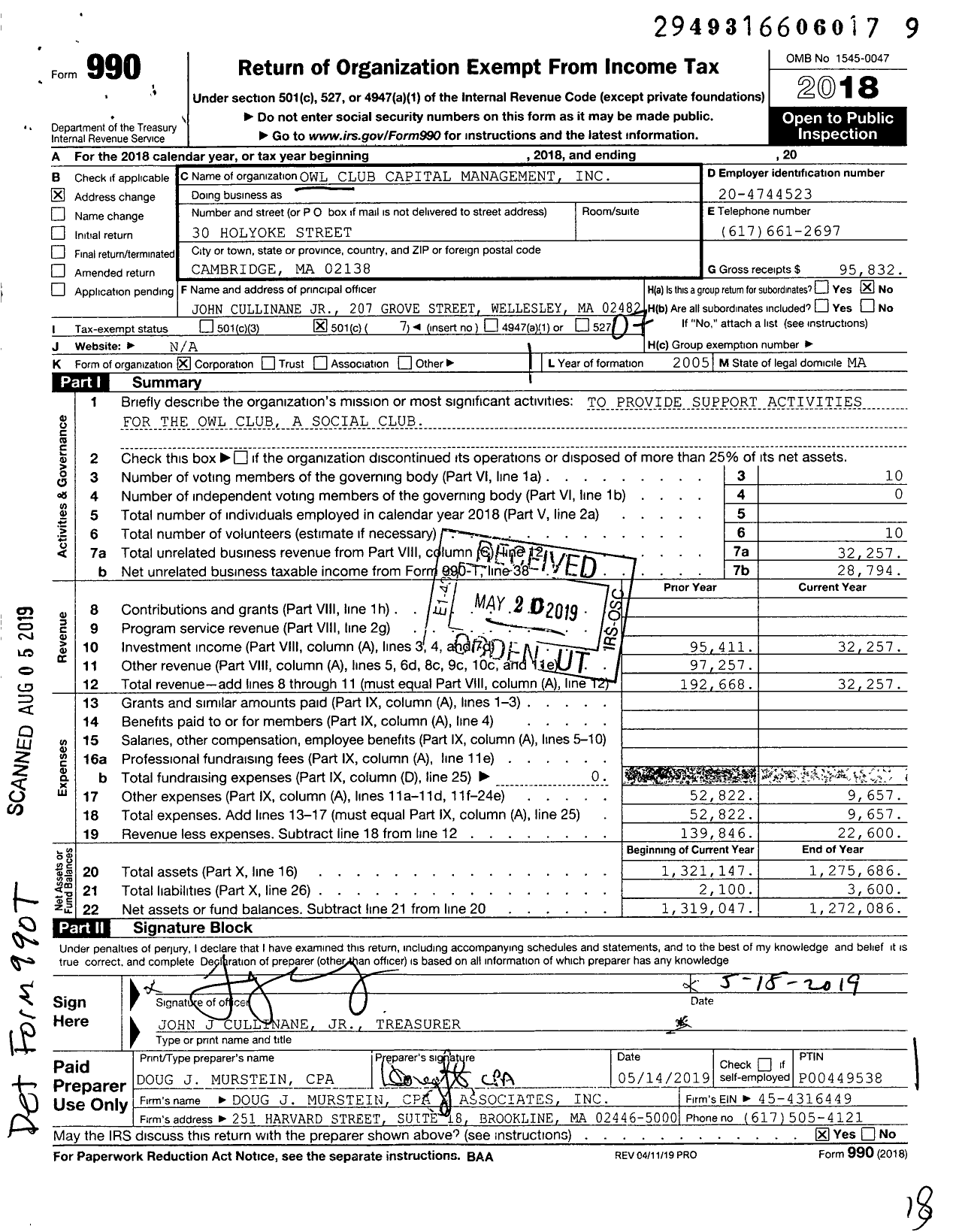 Image of first page of 2018 Form 990O for Owl Club Capital Management