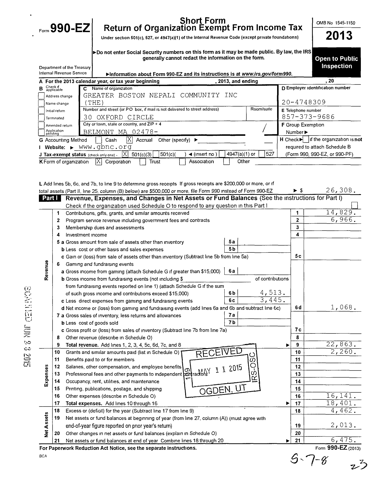 Image of first page of 2013 Form 990EZ for Greater Boston Nepali Community