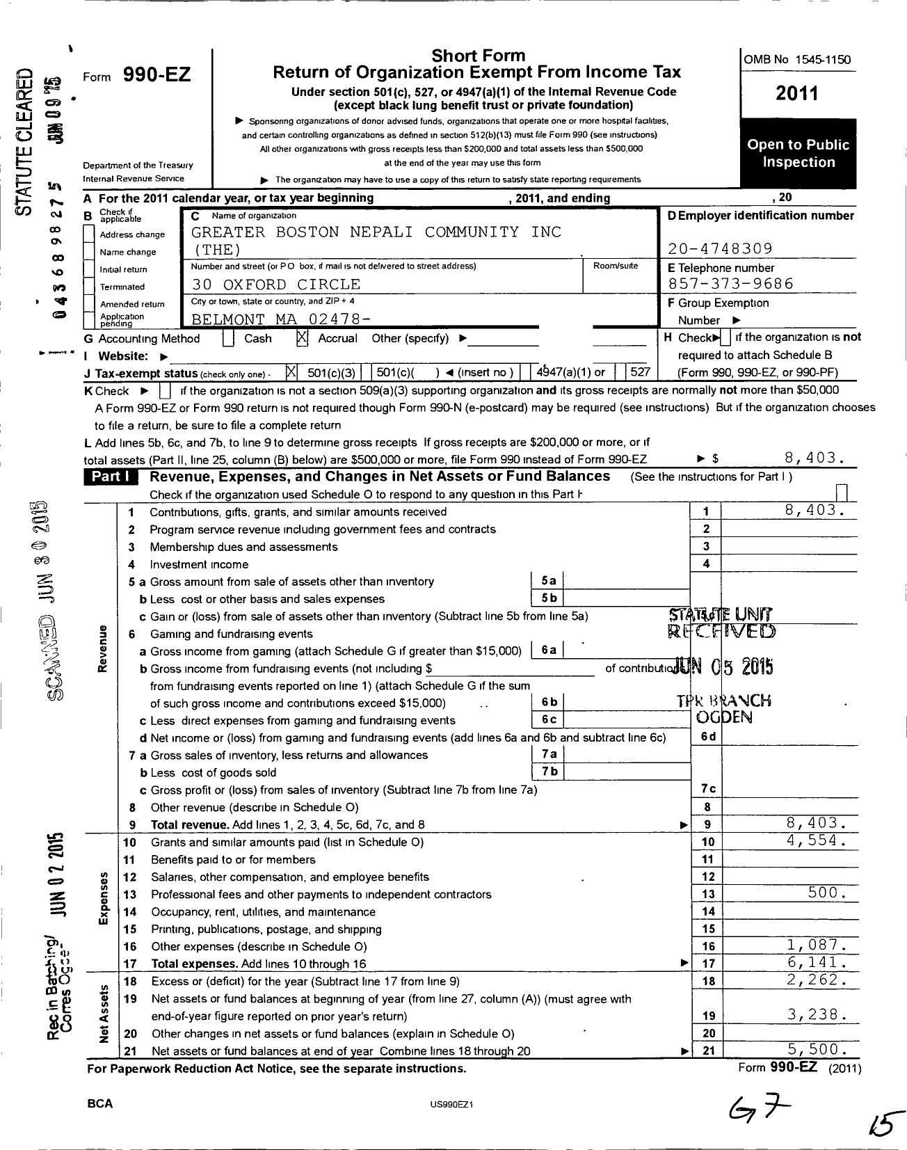 Image of first page of 2011 Form 990EZ for Greater Boston Nepali Community