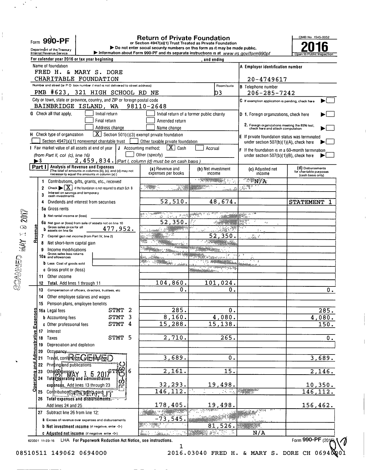 Image of first page of 2016 Form 990PF for Fred H and Mary S Dore Charitable Foundation