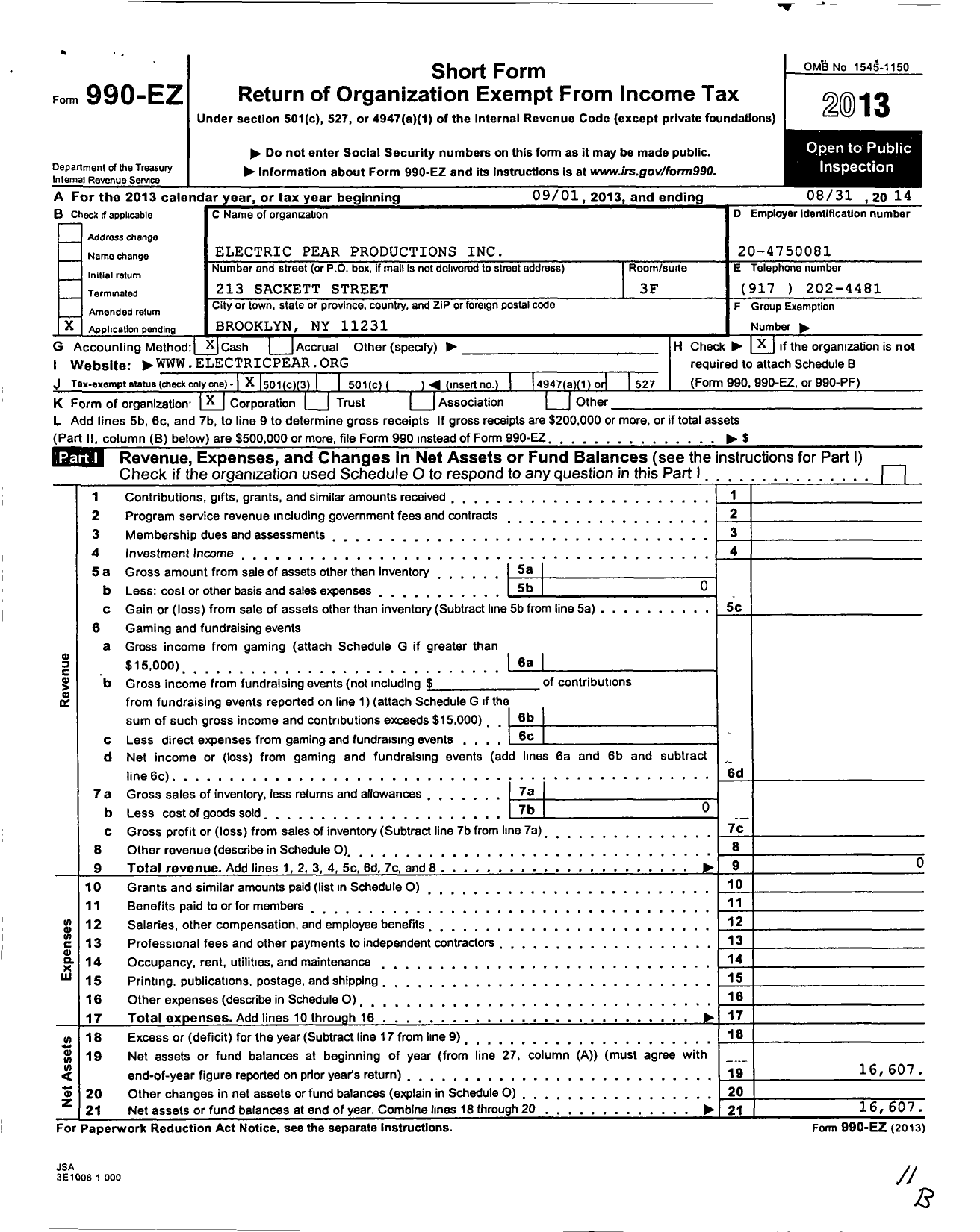 Image of first page of 2013 Form 990EZ for Electric Pear Productions