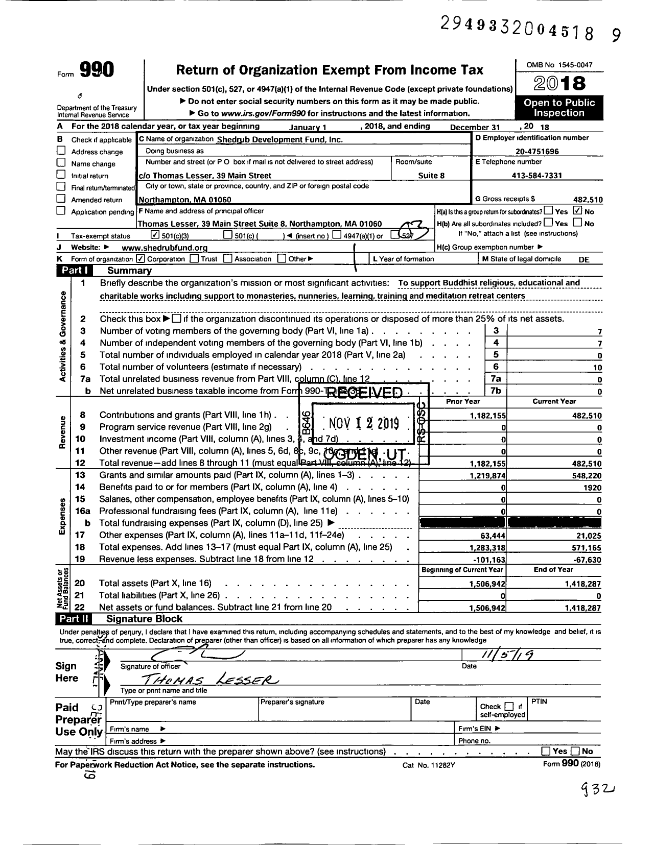 Image of first page of 2018 Form 990 for Shedrub Development Fund