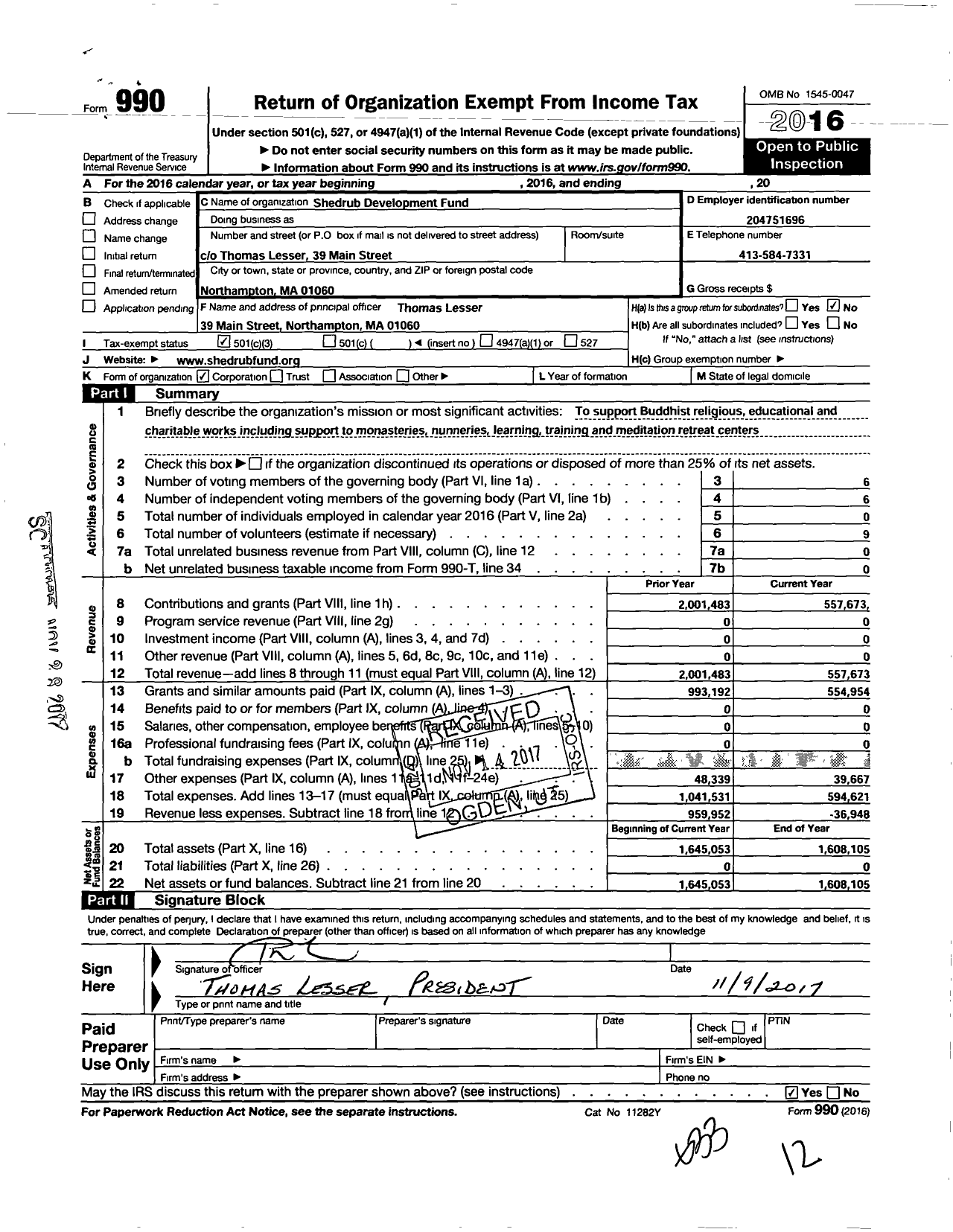 Image of first page of 2016 Form 990 for Shedrub Development Fund