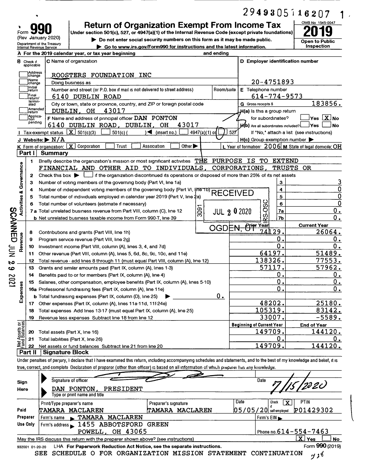 Image of first page of 2019 Form 990 for Roosters Foundation