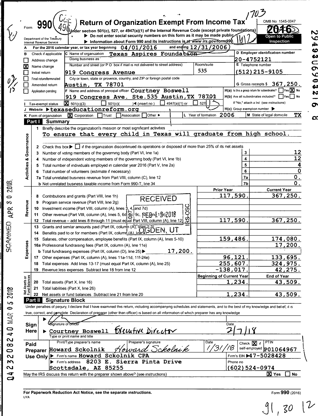 Image of first page of 2016 Form 990 for Texas Institute for Education Reform