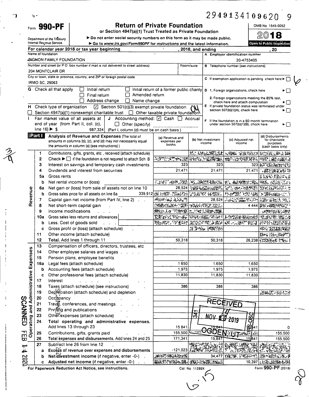 Image of first page of 2018 Form 990PF for Bignon Family Foundation