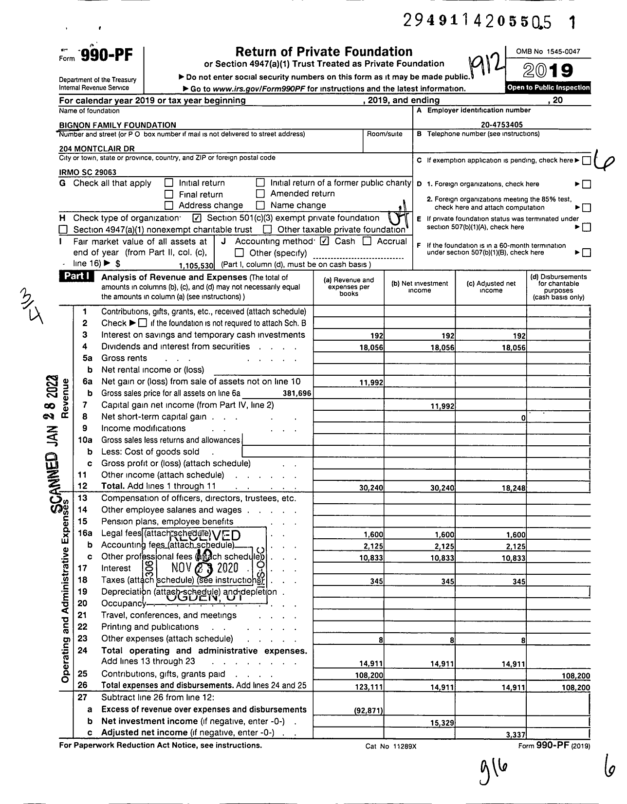 Image of first page of 2019 Form 990PF for Bignon Family Foundation