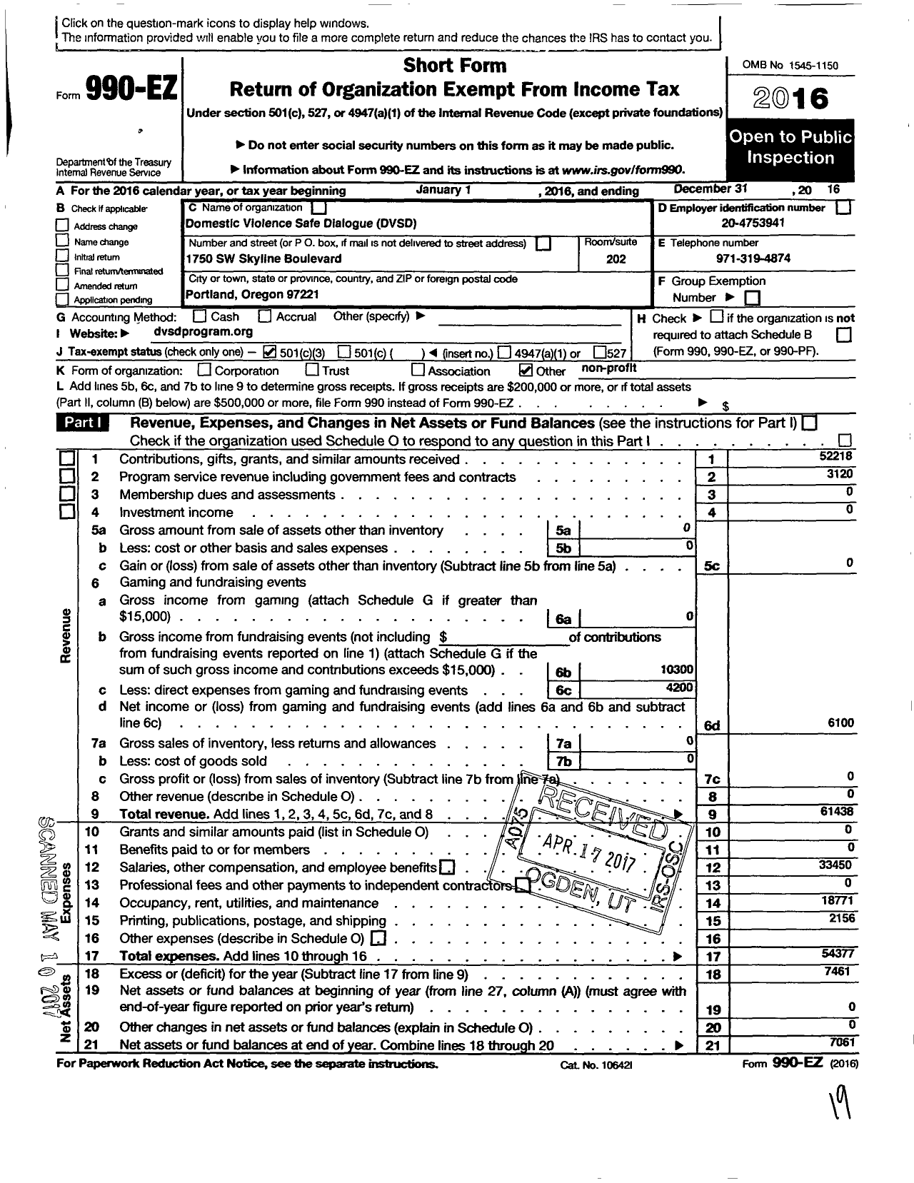 Image of first page of 2016 Form 990EZ for Domestic Violence Safe Dialogue (DVSD)